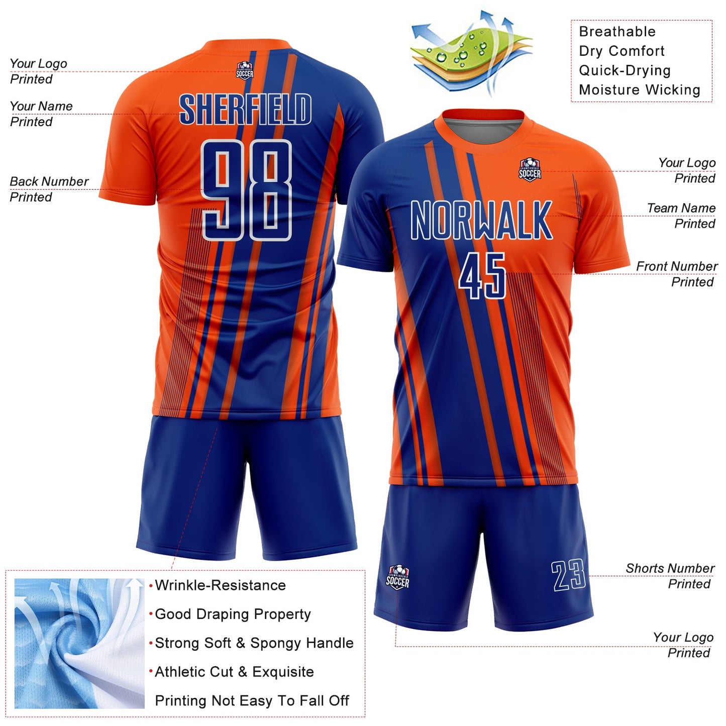 Custom Orange Royal-White Lines Sports Sublimation Soccer Uniform Jersey view 4