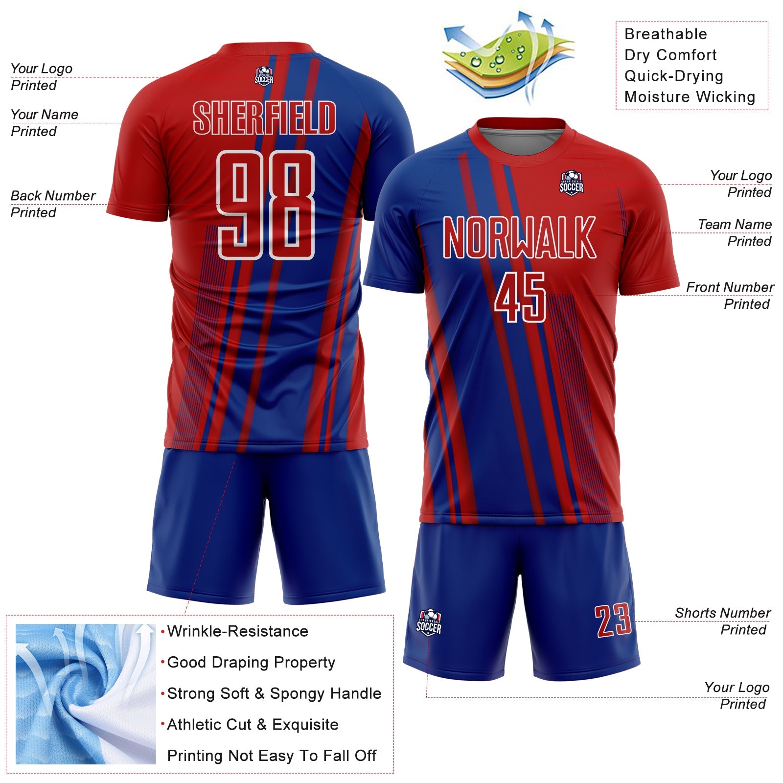 Custom Red Royal-White Lines Sports Sublimation Soccer Uniform Jersey view 4