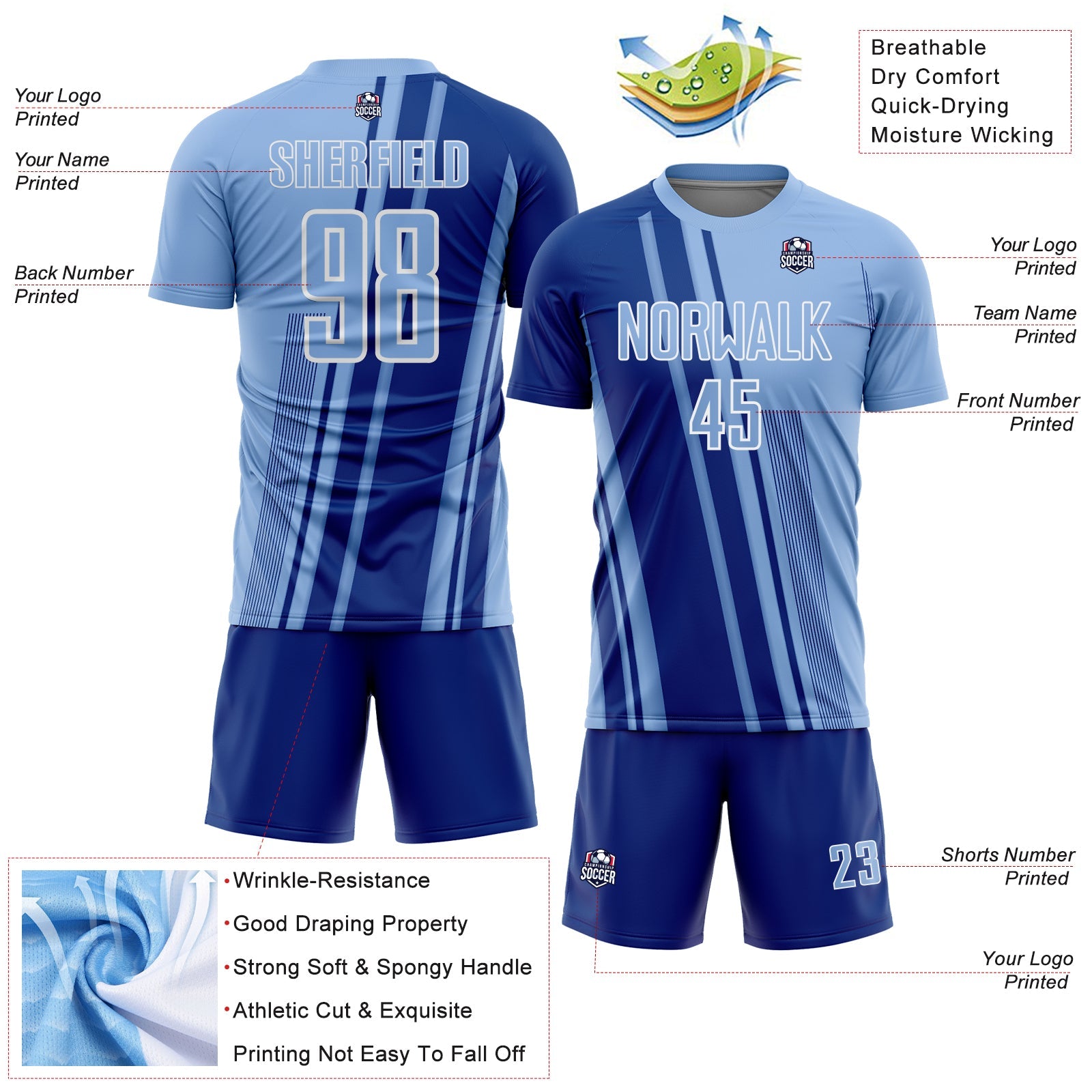 Custom Light Blue Royal-White Lines Sports Sublimation Soccer Uniform Jersey view 4