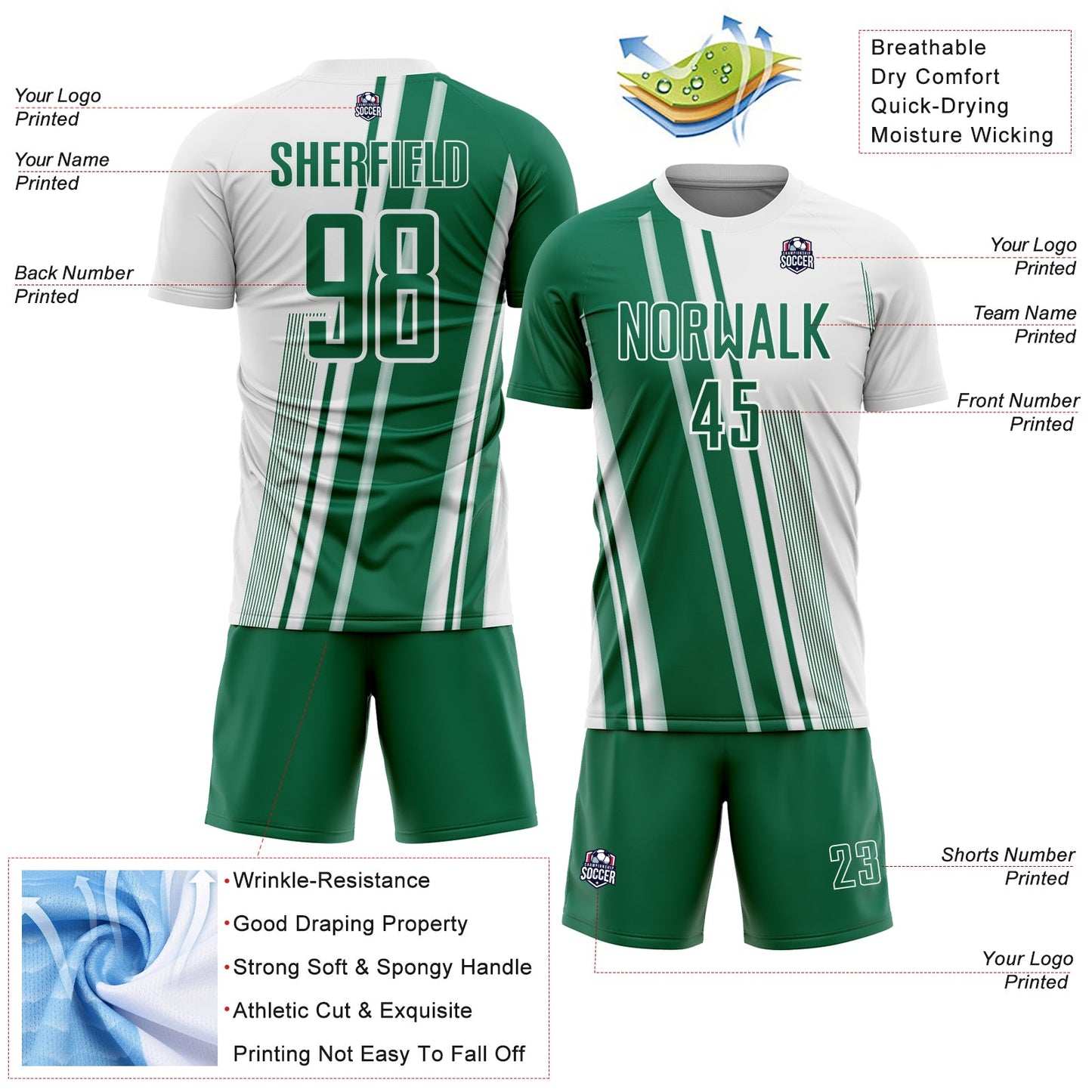 Custom White Kelly Green Lines Sports Sublimation Soccer Uniform Jersey view 4