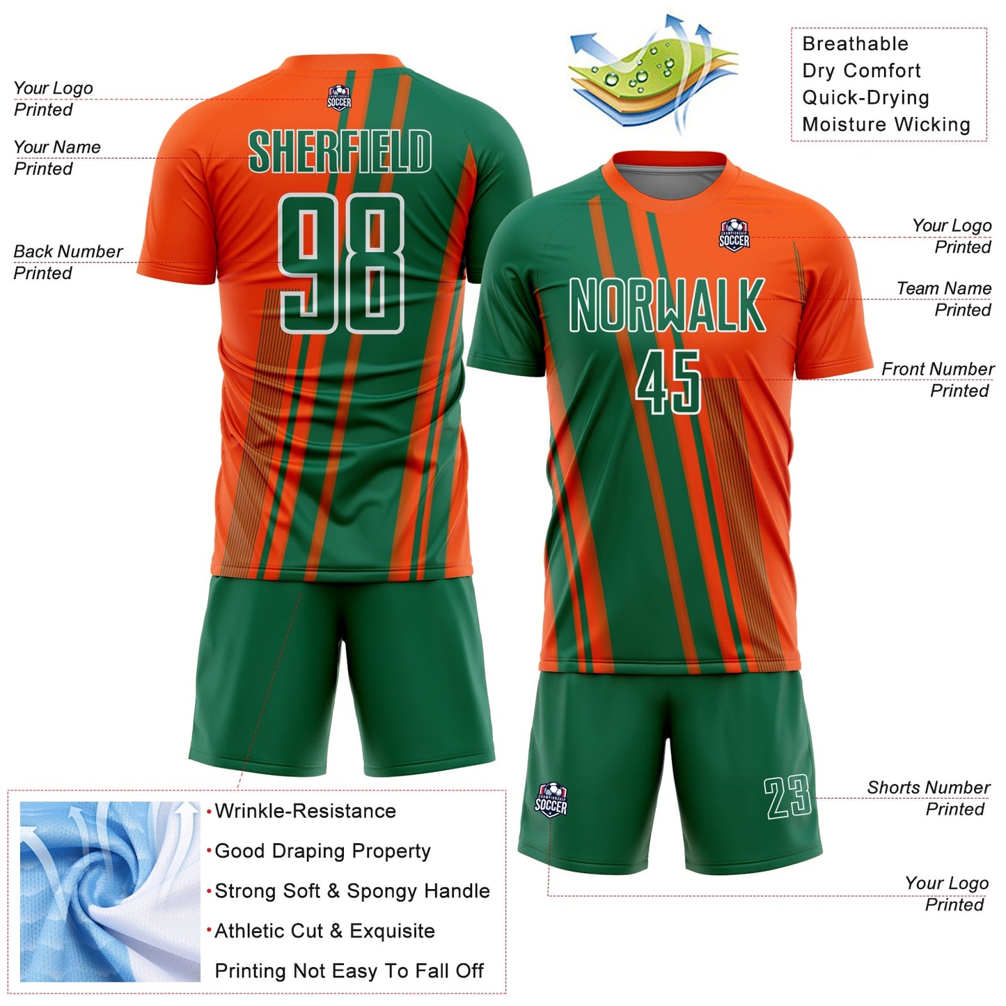 Custom Orange Kelly Green-White Lines Sports Sublimation Soccer Uniform Jersey view 4