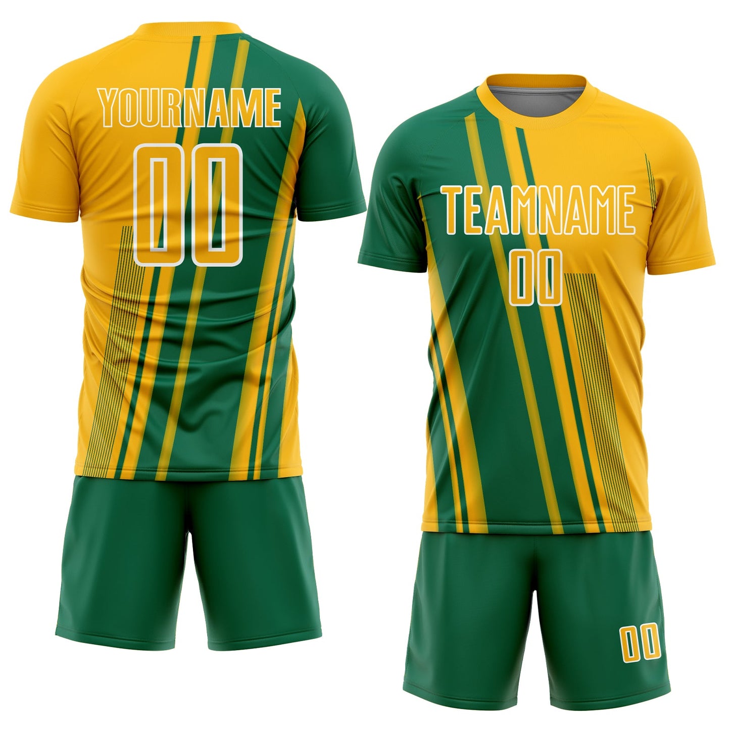 Custom Gold Kelly Green-White Lines Sports Sublimation Soccer Uniform Jersey view 2