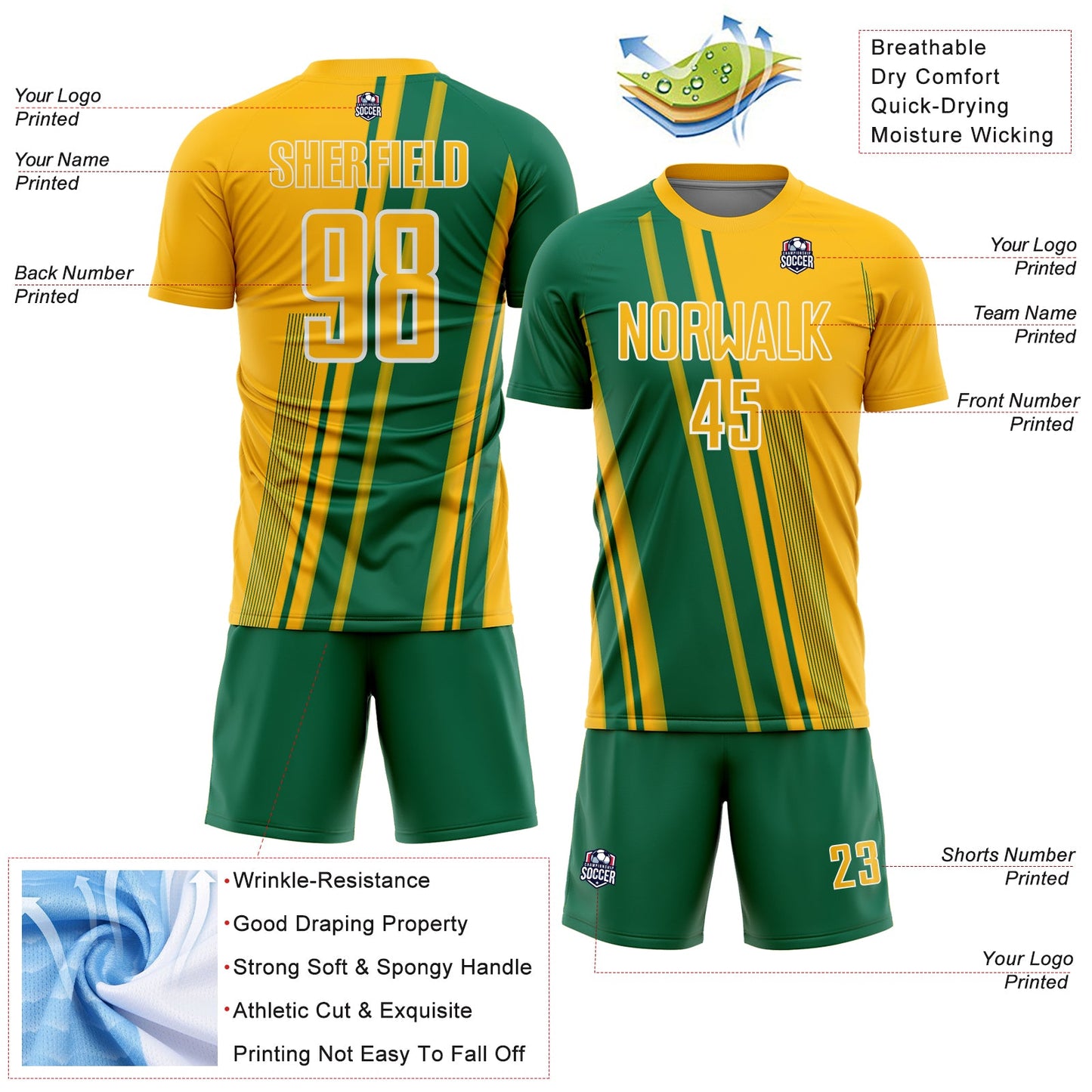 Custom Gold Kelly Green-White Lines Sports Sublimation Soccer Uniform Jersey view 4