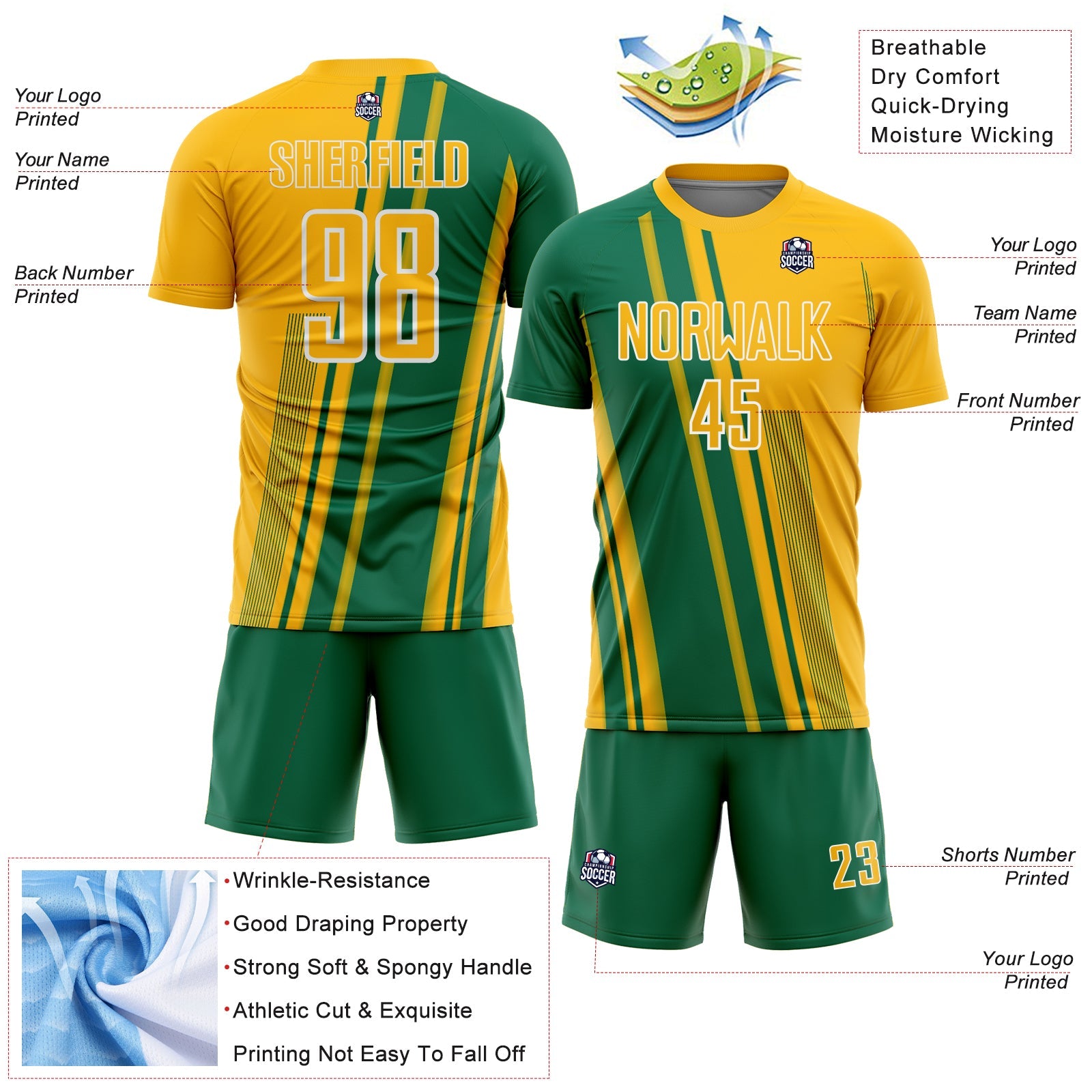 Custom Gold Kelly Green-White Lines Sports Sublimation Soccer Uniform Jersey view 4