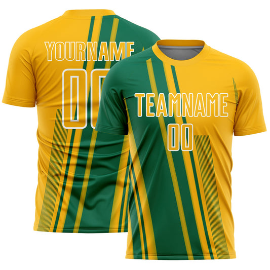 Custom Gold Kelly Green-White Lines Sports Sublimation Soccer Uniform Jersey - Main View