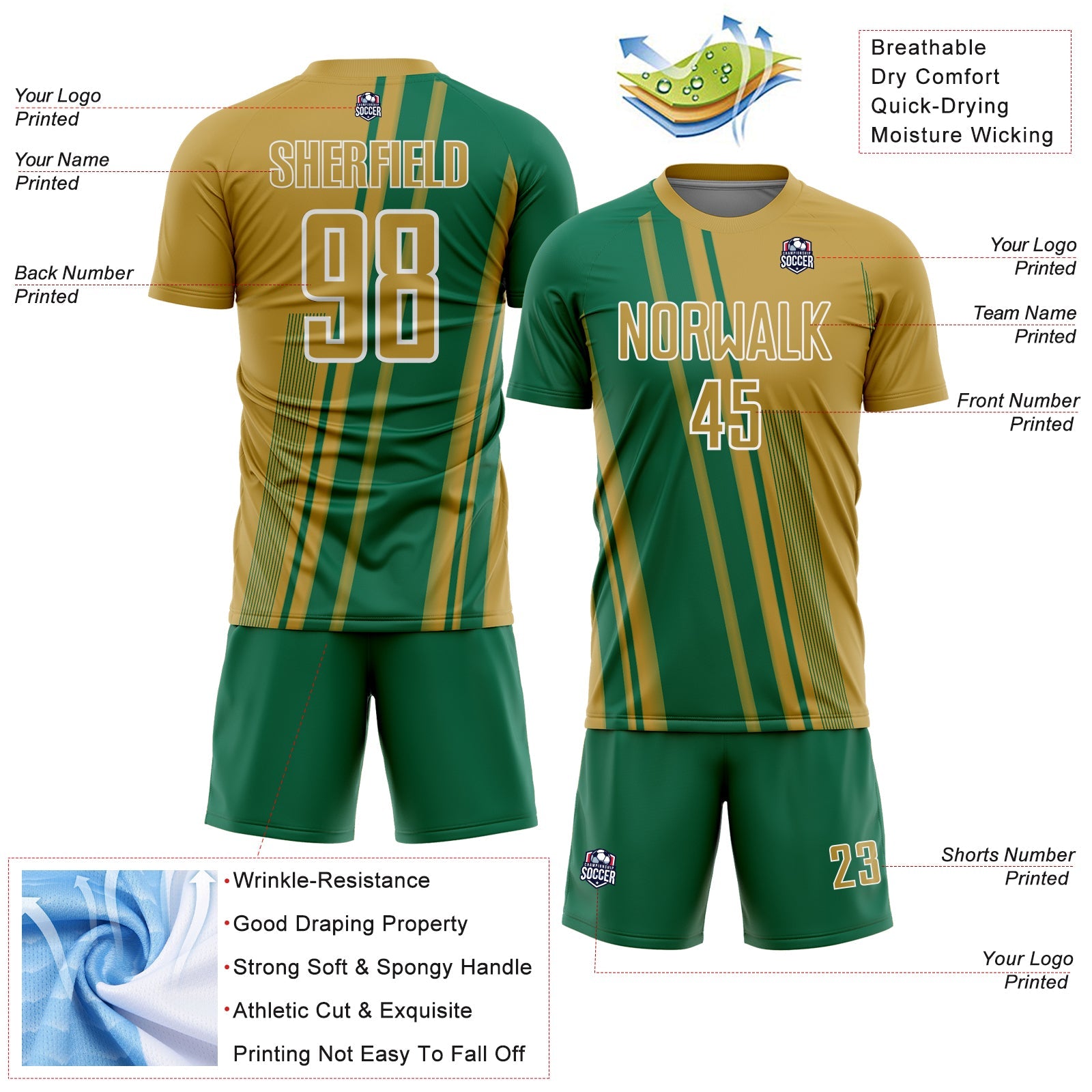 Custom Old Gold Kelly Green-White Lines Sports Sublimation Soccer Uniform Jersey view 4