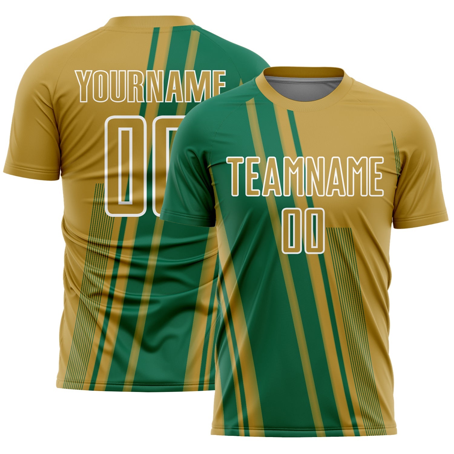 Custom Old Gold Kelly Green-White Lines Sports Sublimation Soccer Uniform Jersey - Main View