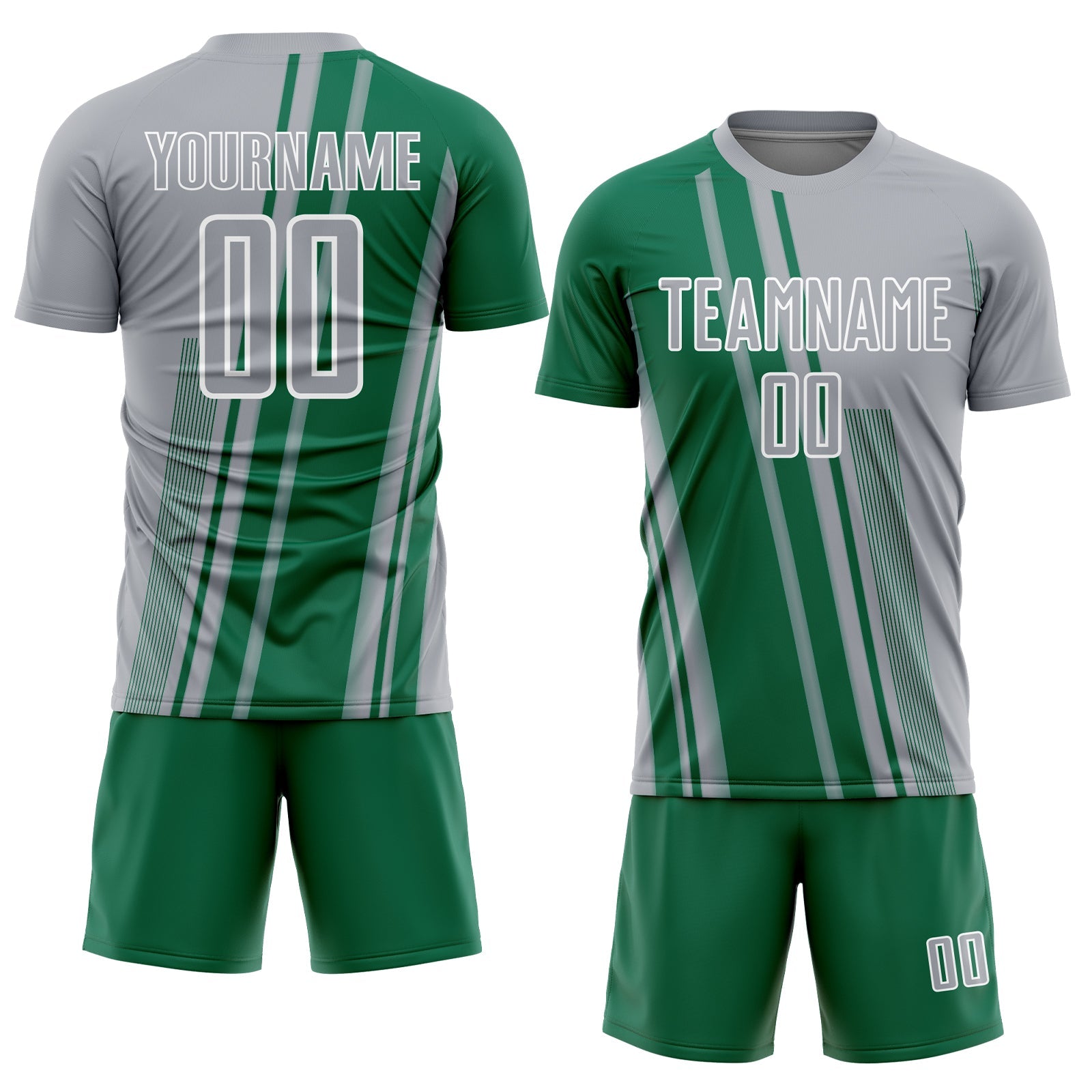 Custom Gray Kelly Green-White Lines Sports Sublimation Soccer Uniform Jersey view 2