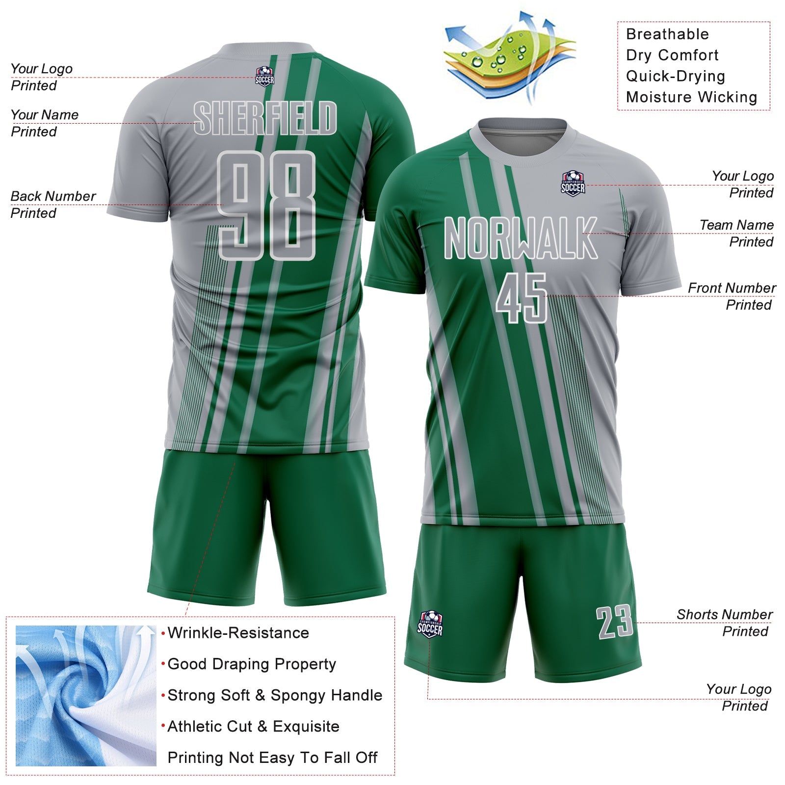 Custom Gray Kelly Green-White Lines Sports Sublimation Soccer Uniform Jersey view 4