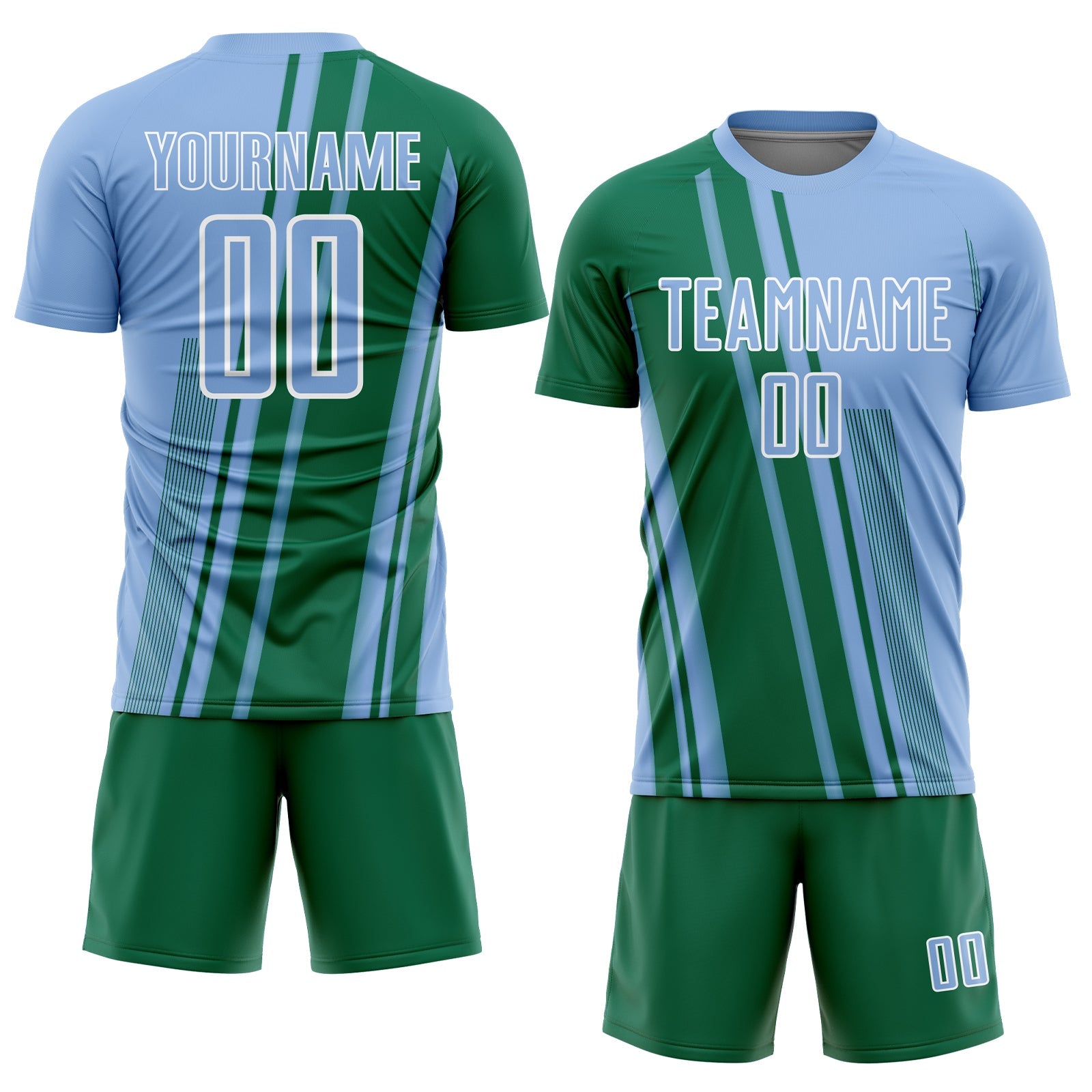 Custom Light Blue Kelly Green-White Lines Sports Sublimation Soccer Uniform Jersey view 2