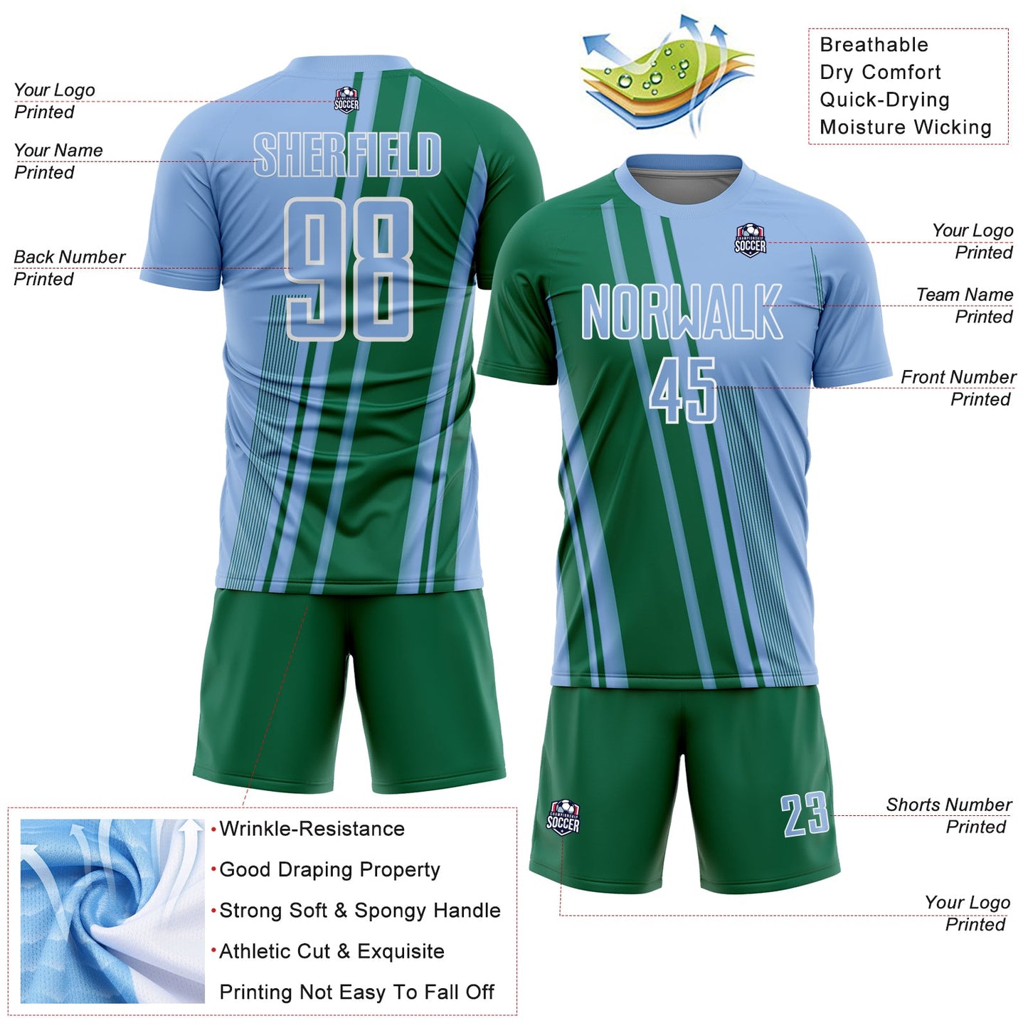 Custom Light Blue Kelly Green-White Lines Sports Sublimation Soccer Uniform Jersey view 4
