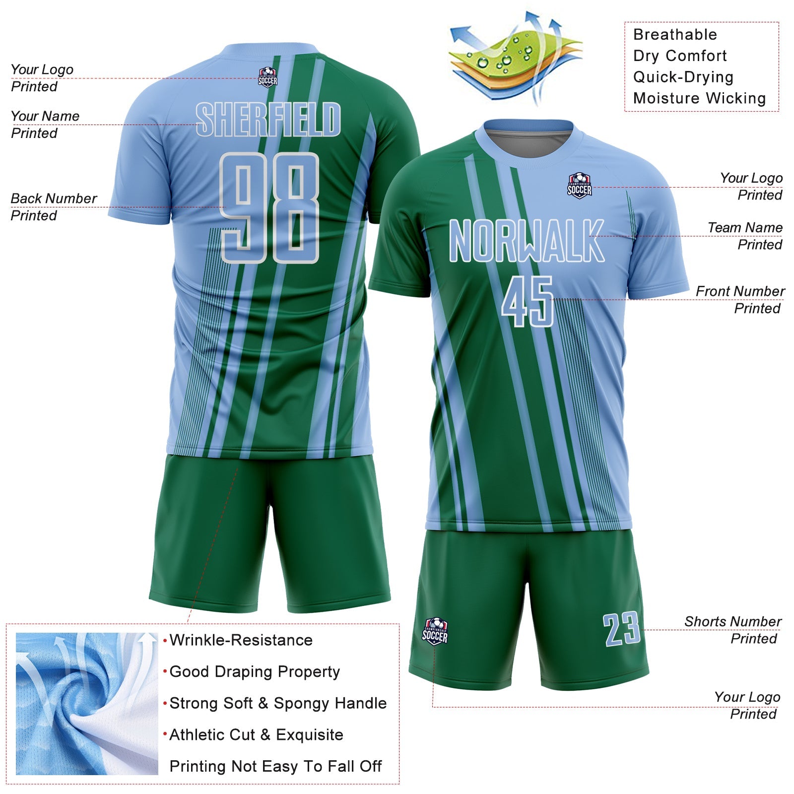 Custom Light Blue Kelly Green-White Lines Sports Sublimation Soccer Uniform Jersey view 4