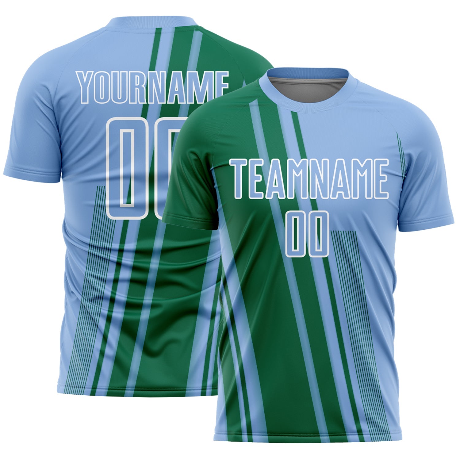 Custom Light Blue Kelly Green-White Lines Sports Sublimation Soccer Uniform Jersey - Main View