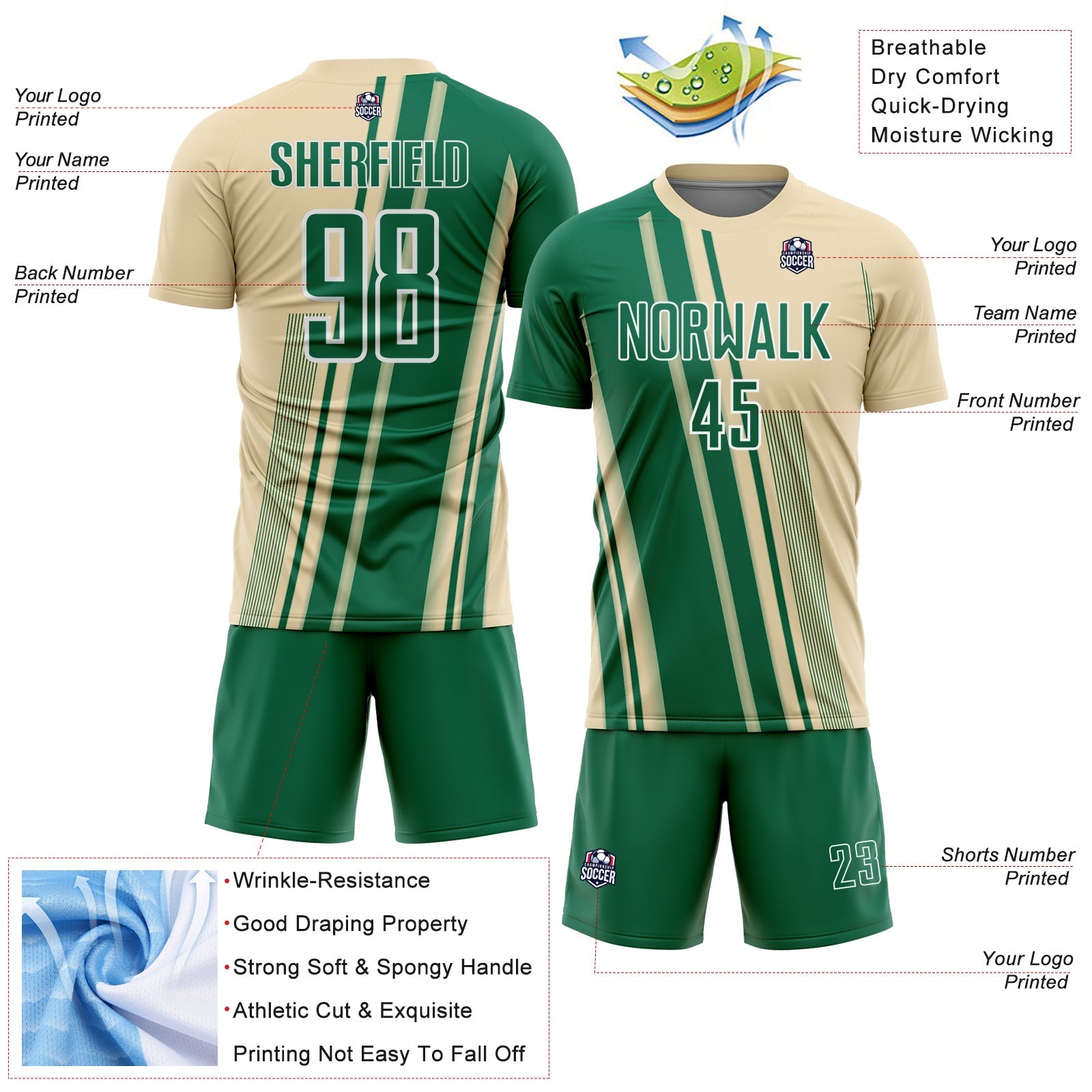 Custom Cream Kelly Green-White Lines Sports Sublimation Soccer Uniform Jersey view 4