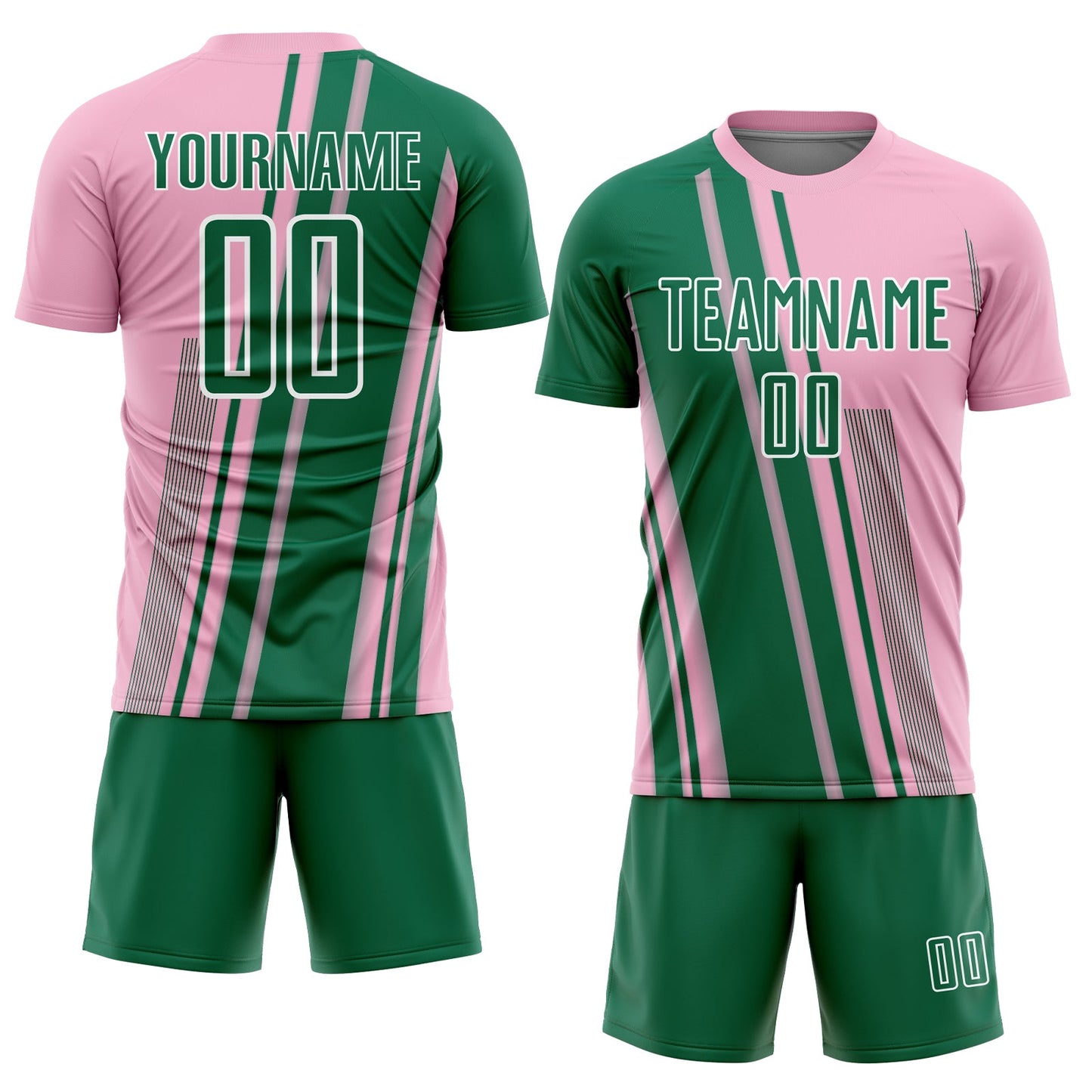 Custom Light Pink Kelly Green-White Lines Sports Sublimation Soccer Uniform Jersey view 2