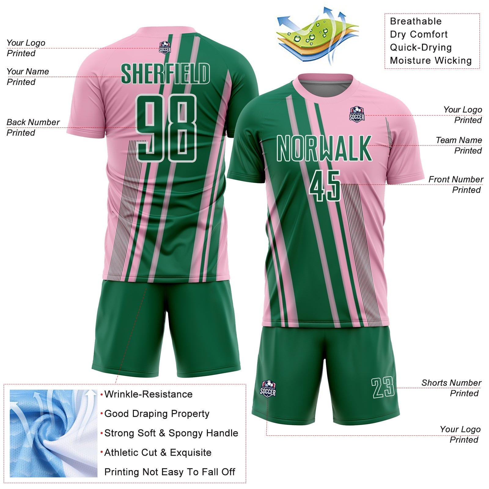 Custom Light Pink Kelly Green-White Lines Sports Sublimation Soccer Uniform Jersey view 4