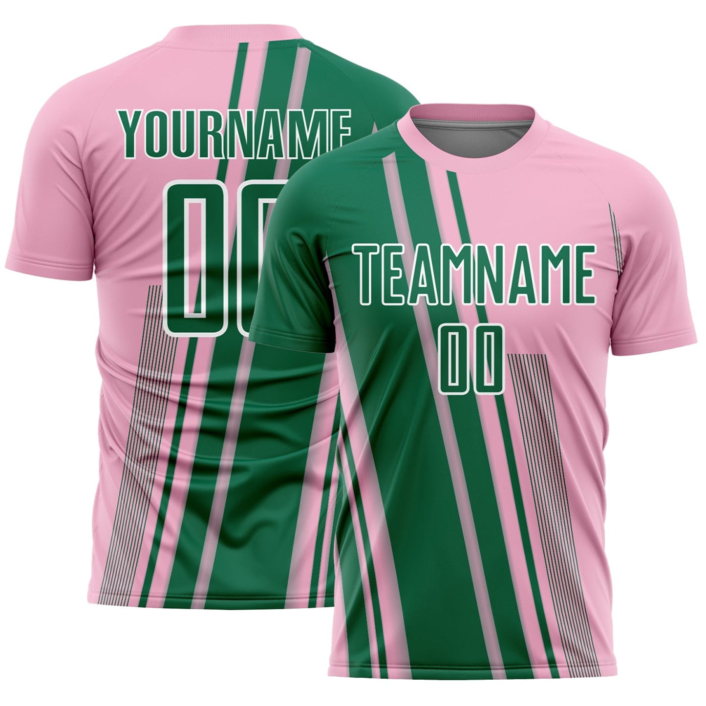 Custom Light Pink Kelly Green-White Lines Sports Sublimation Soccer Uniform Jersey - Main View