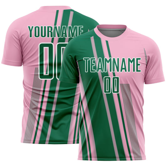 Custom Light Pink Kelly Green-White Lines Sports Sublimation Soccer Uniform Jersey - Main View