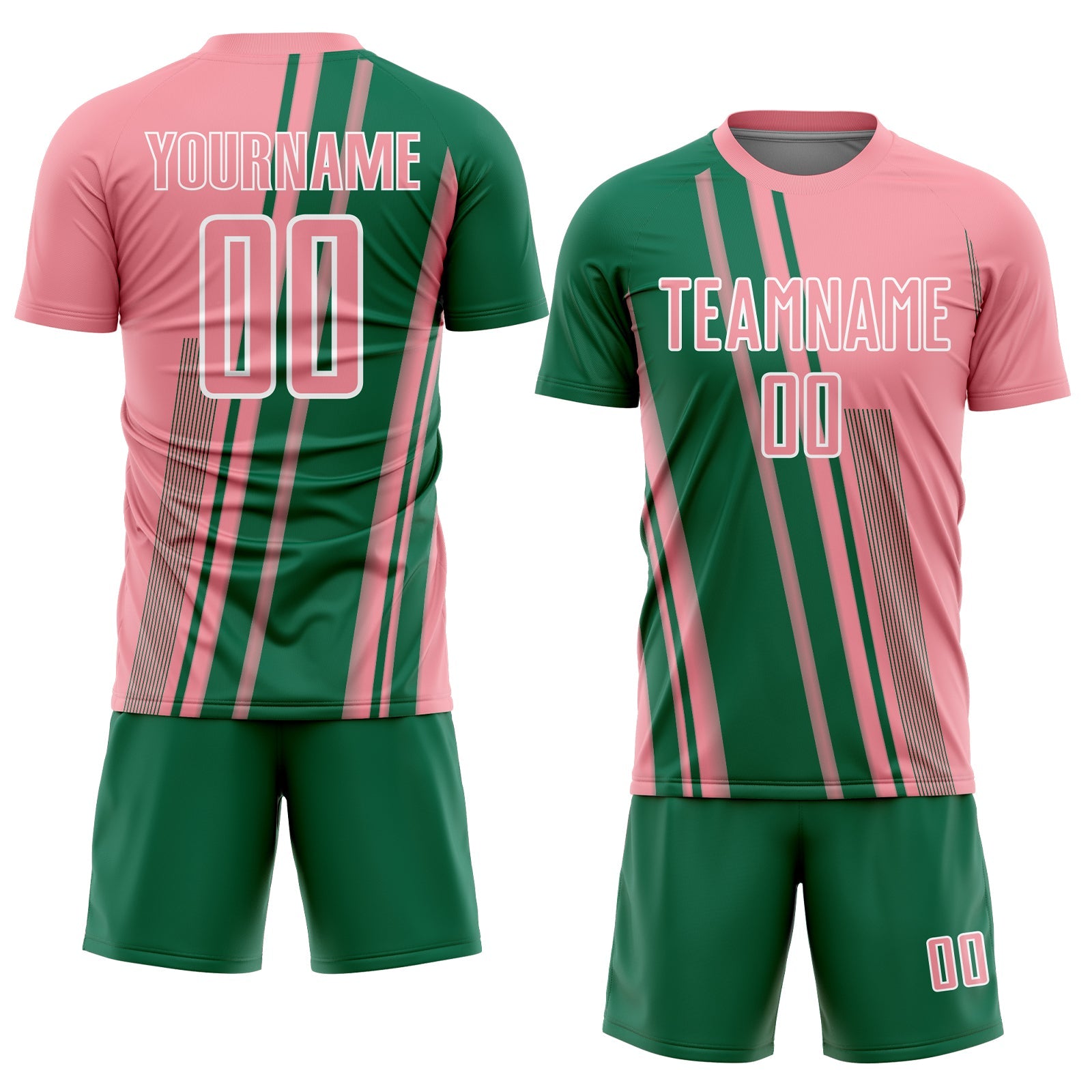 Custom Medium Pink Kelly Green-White Lines Sports Sublimation Soccer Uniform Jersey view 2