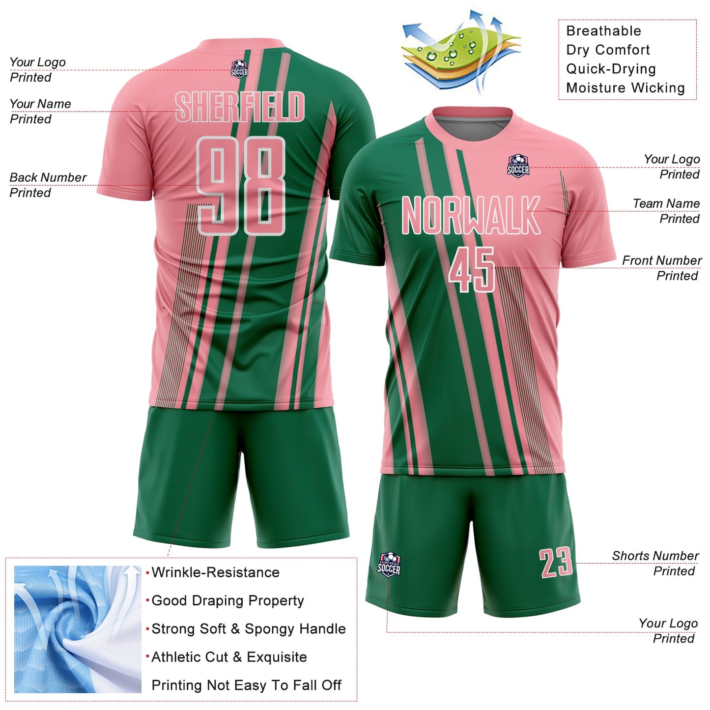 Custom Medium Pink Kelly Green-White Lines Sports Sublimation Soccer Uniform Jersey view 4