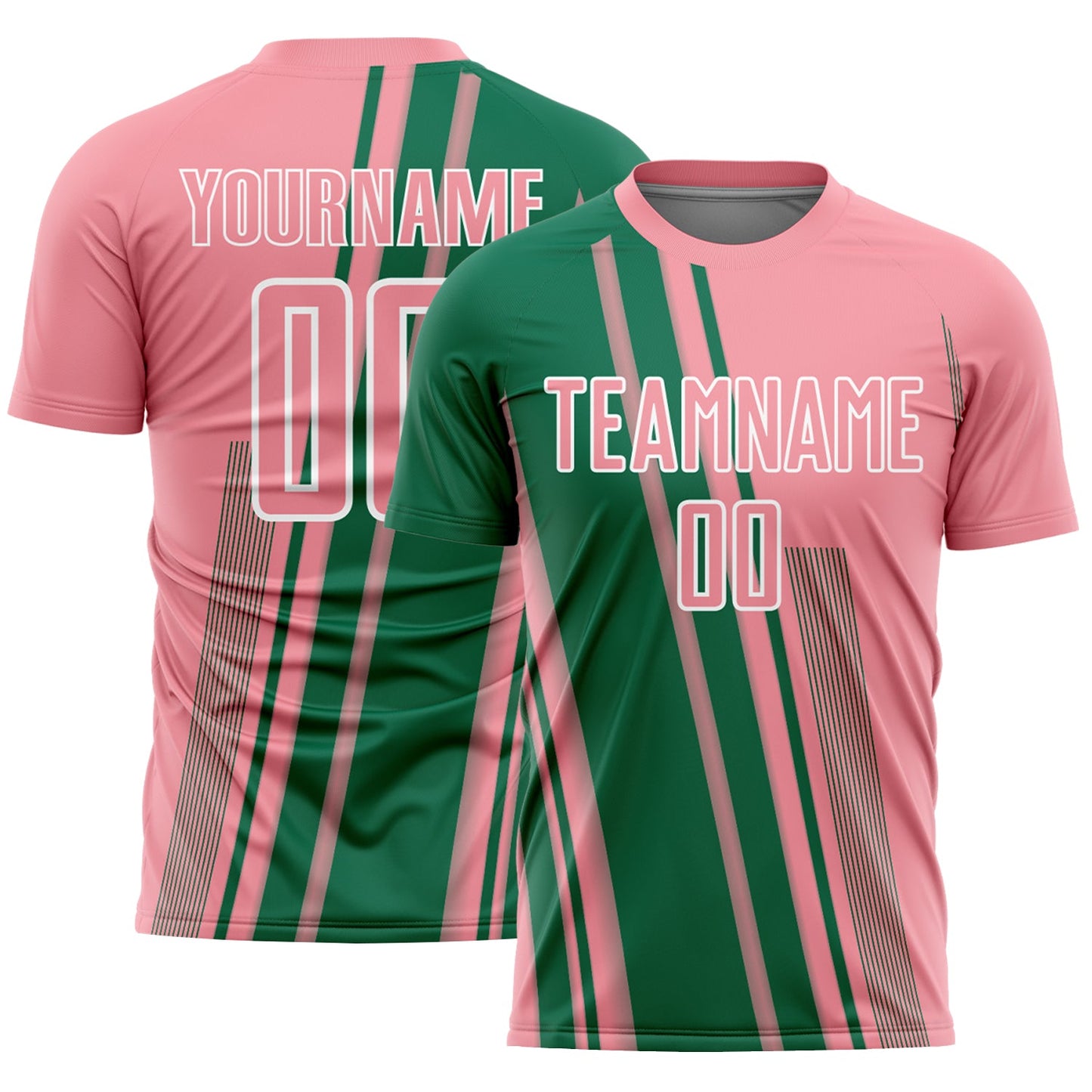 Custom Medium Pink Kelly Green-White Lines Sports Sublimation Soccer Uniform Jersey - Main View
