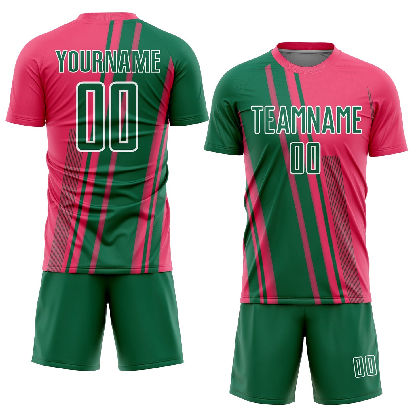Custom Neon Pink Kelly Green-White Lines Sports Sublimation Soccer Uniform Jersey view 2