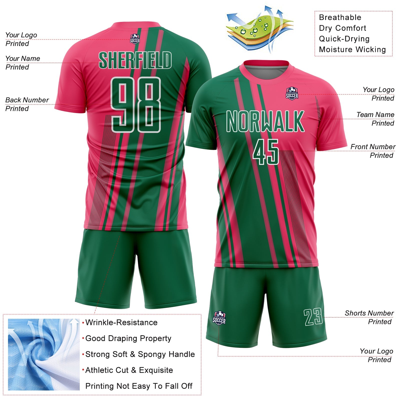 Custom Neon Pink Kelly Green-White Lines Sports Sublimation Soccer Uniform Jersey view 4
