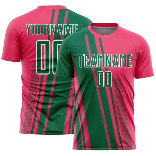 Custom Neon Pink Kelly Green-White Lines Sports Sublimation Soccer Uniform Jersey - Main View