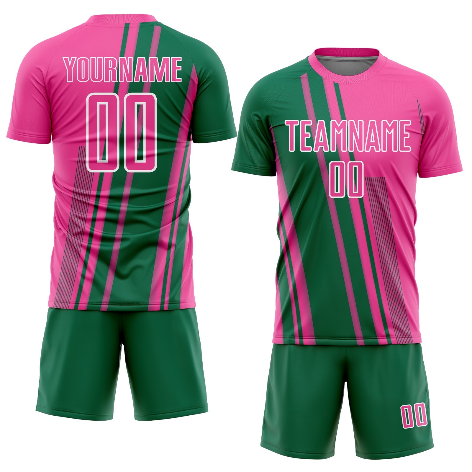 Custom Pink Kelly Green-White Lines Sports Sublimation Soccer Uniform Jersey view 2