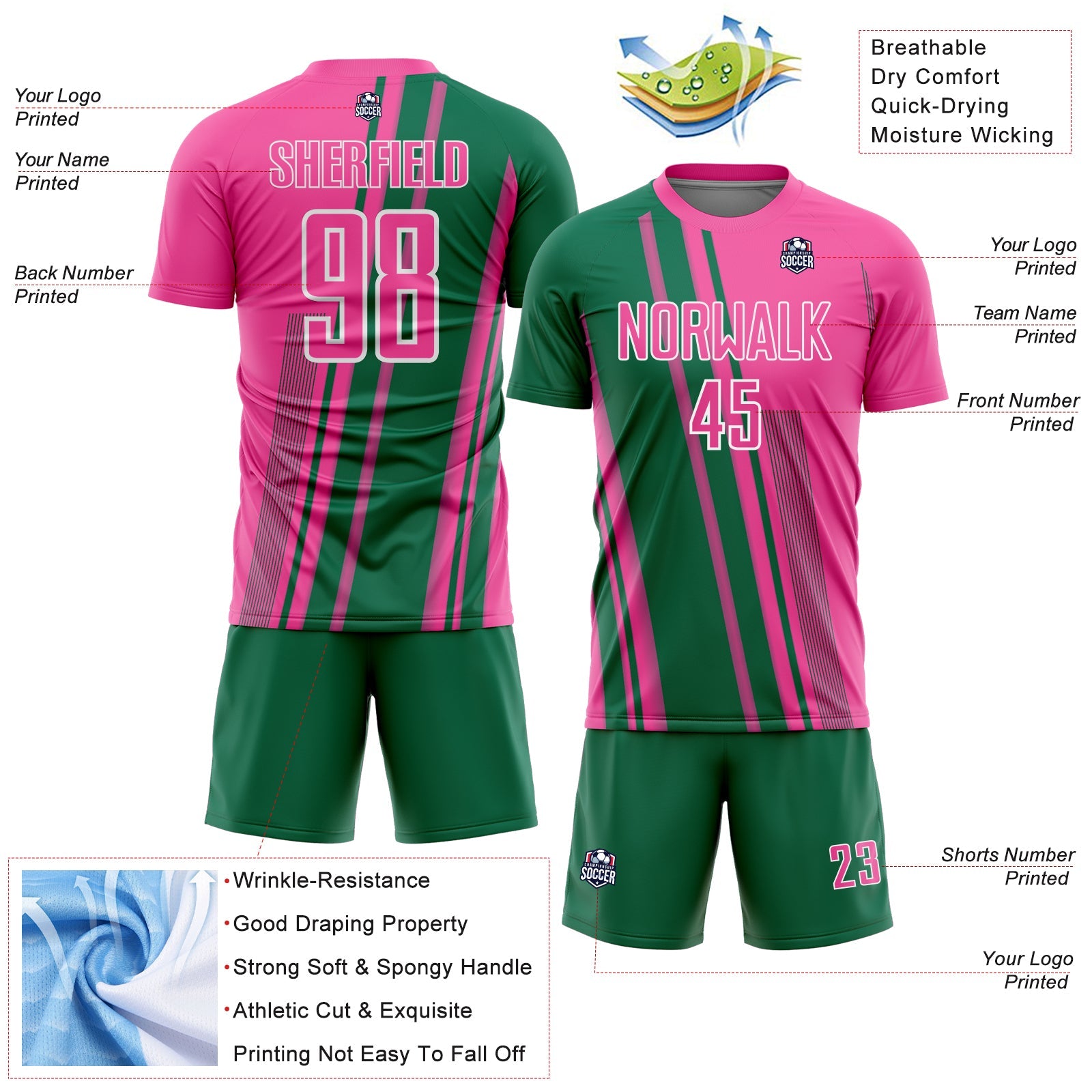 Custom Pink Kelly Green-White Lines Sports Sublimation Soccer Uniform Jersey view 4