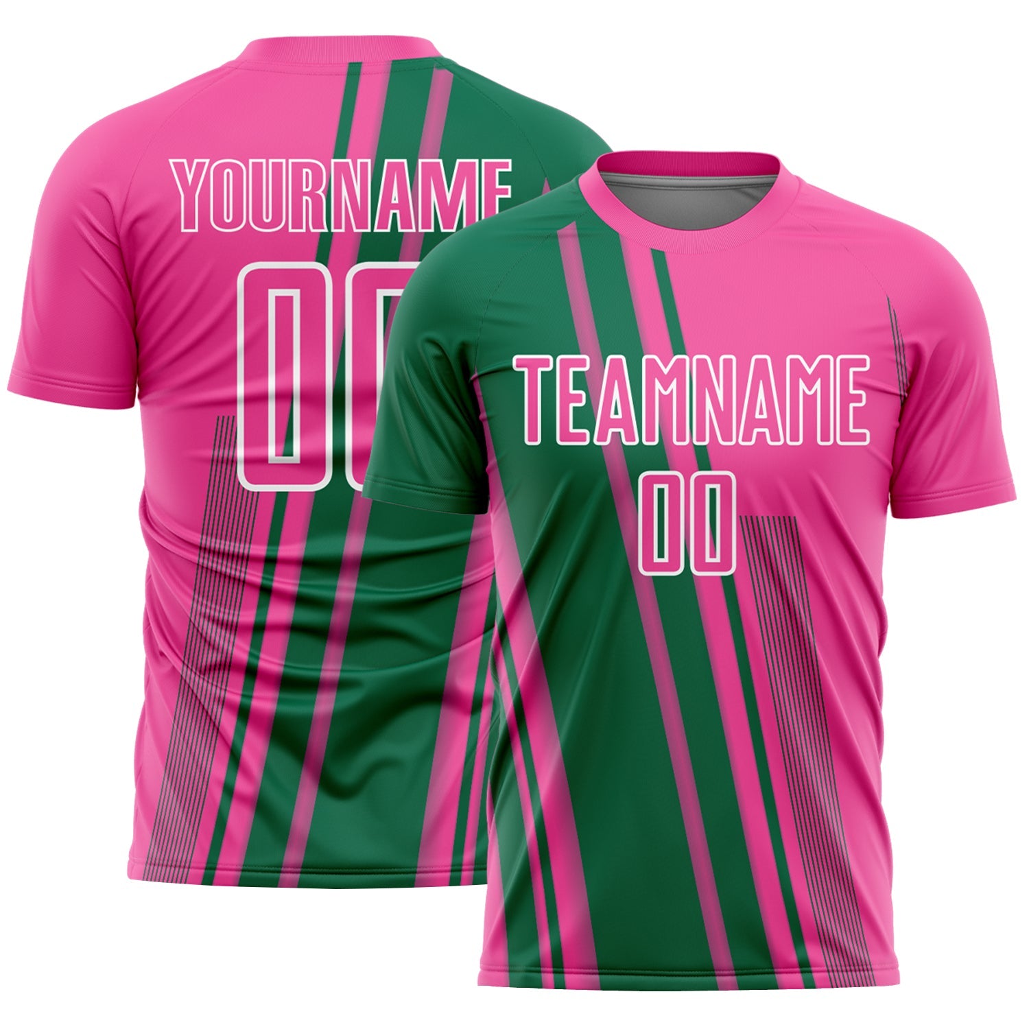 Custom Pink Kelly Green-White Lines Sports Sublimation Soccer Uniform Jersey - Main View