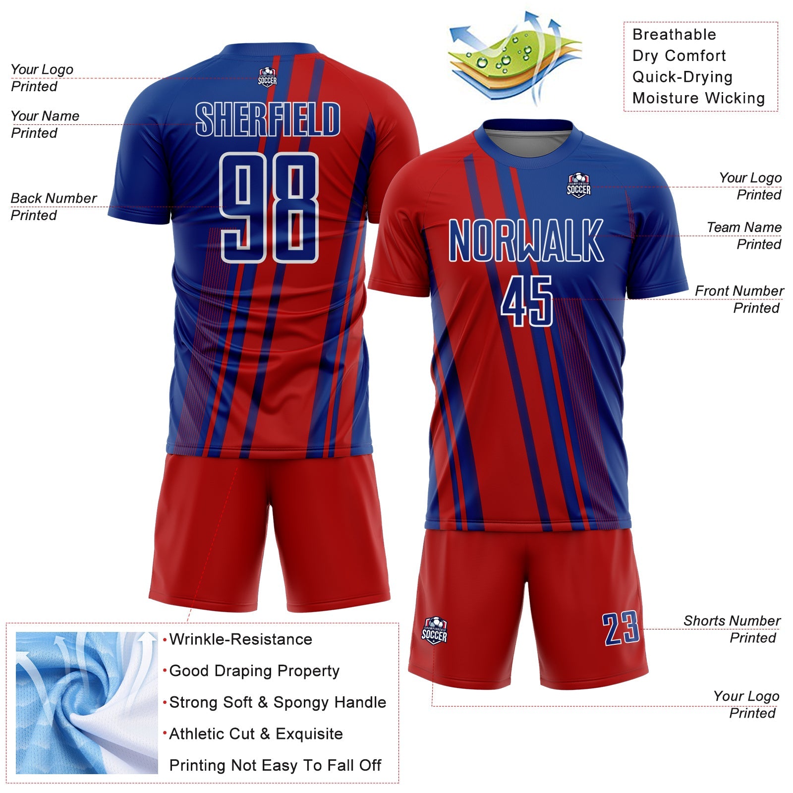 Custom Royal Red-White Lines Sports Sublimation Soccer Uniform Jersey view 4