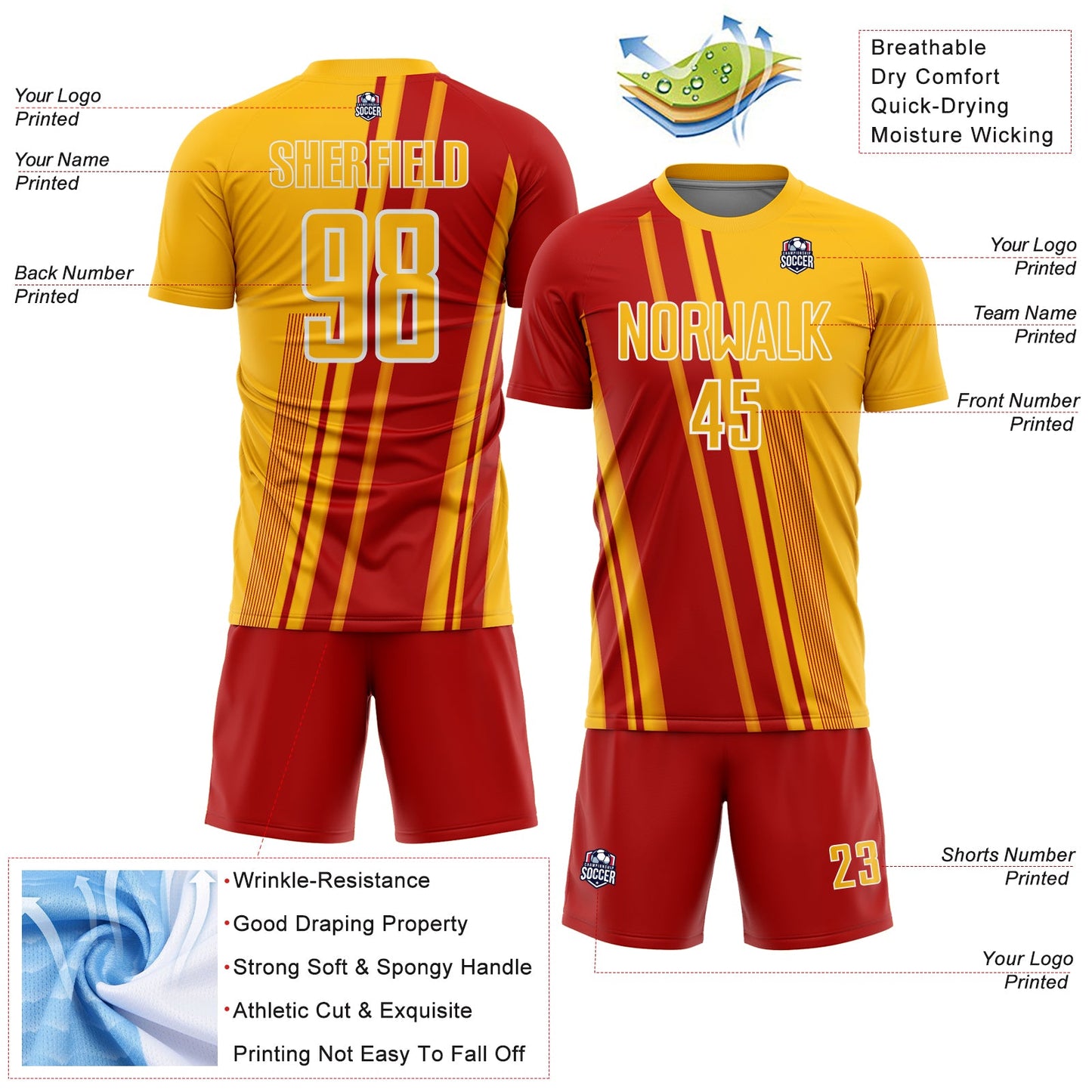 Custom Gold Red-White Lines Sports Sublimation Soccer Uniform Jersey view 4