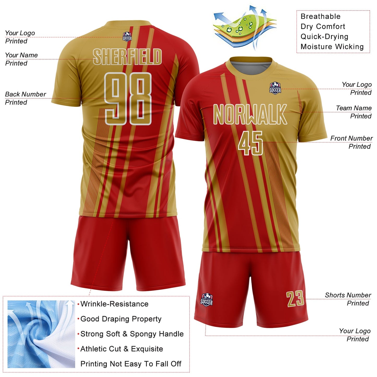 Custom Old Gold Red-White Lines Sports Sublimation Soccer Uniform Jersey view 4