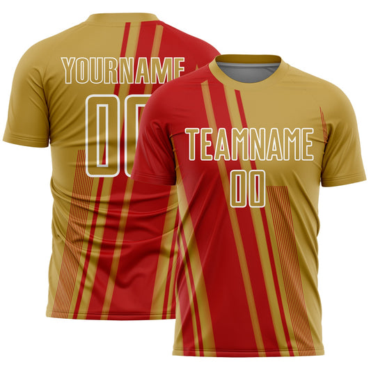 Custom Old Gold Red-White Lines Sports Sublimation Soccer Uniform Jersey - Main View