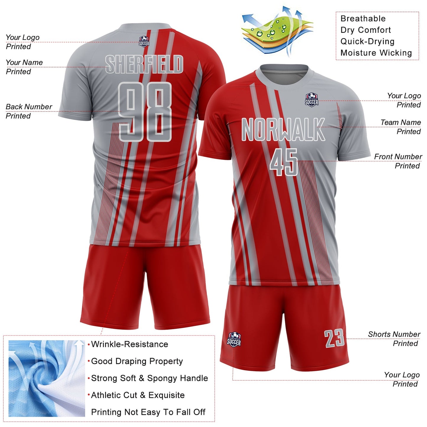 Custom Gray Red-White Lines Sports Sublimation Soccer Uniform Jersey view 4