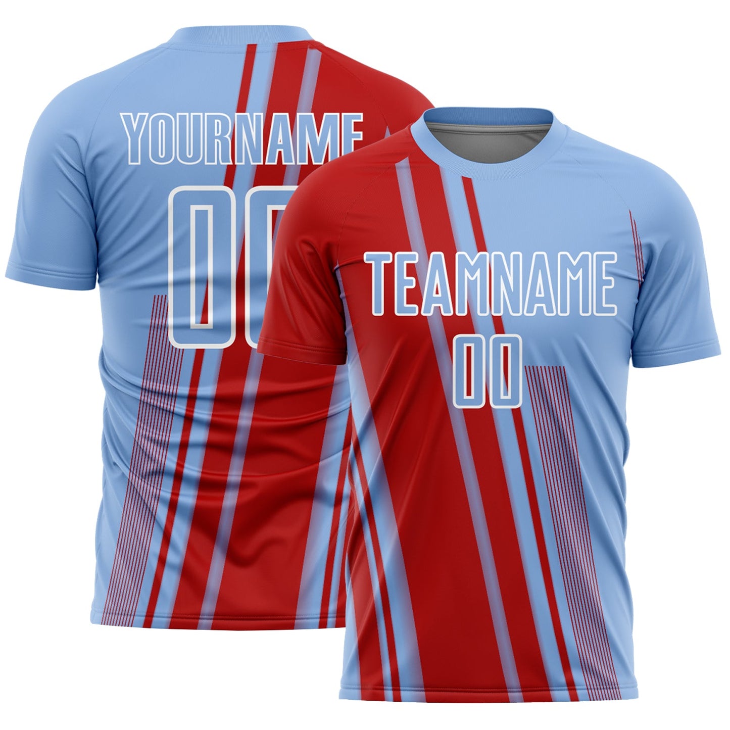 Custom Light Blue Red-White Lines Sports Sublimation Soccer Uniform Jersey - Main View