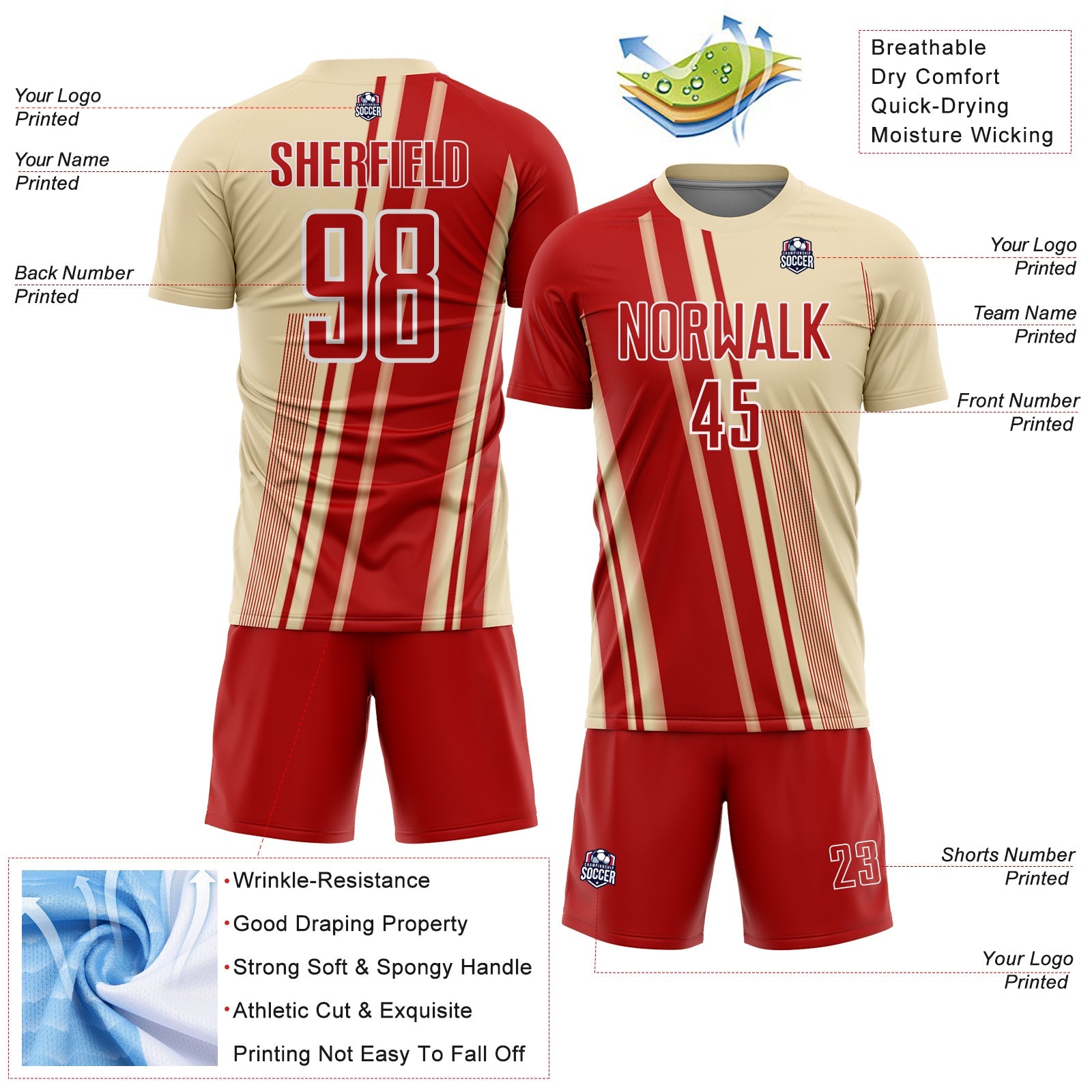 Custom Cream Red-White Lines Sports Sublimation Soccer Uniform Jersey view 4