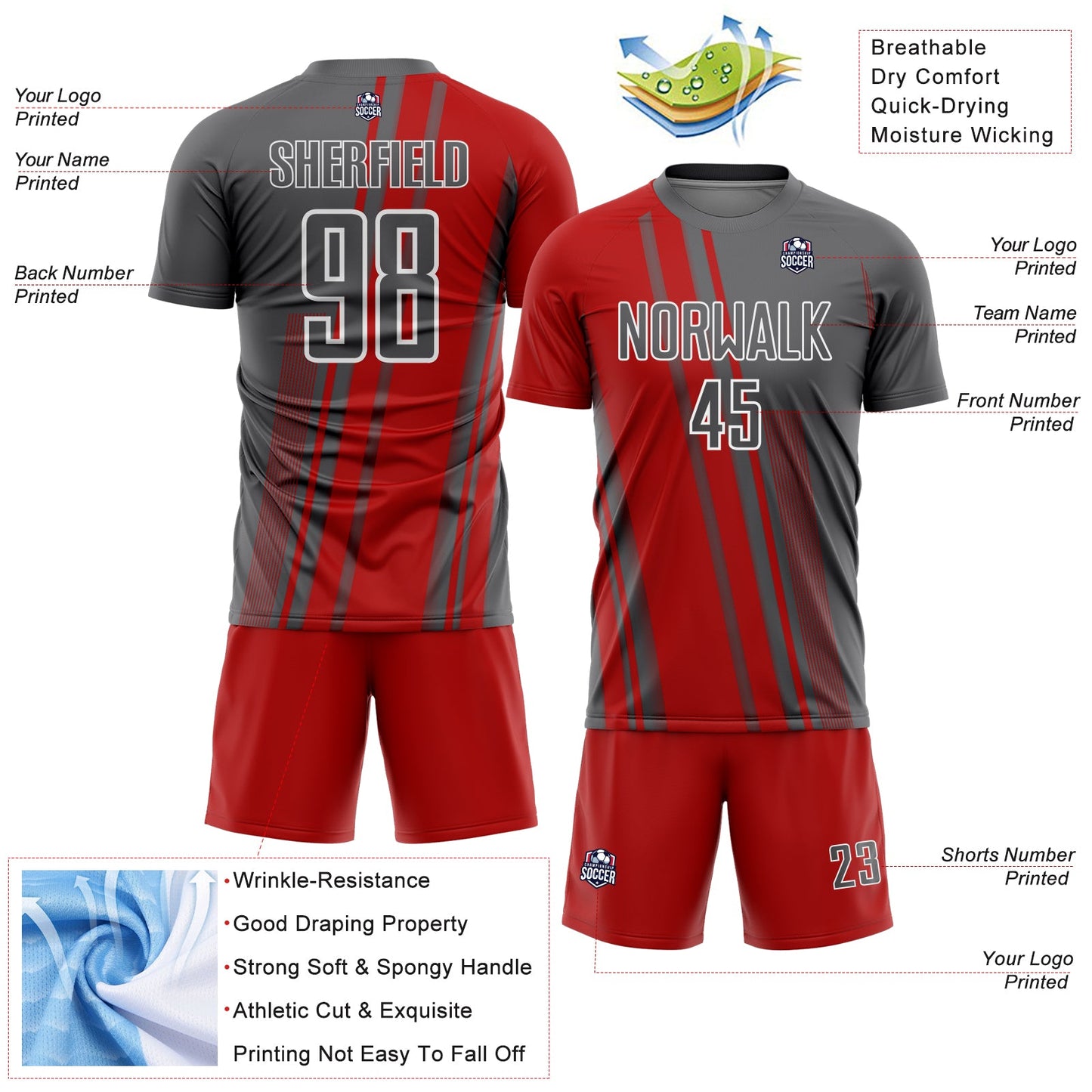 Custom Steel Gray Red-White Lines Sports Sublimation Soccer Uniform Jersey view 4