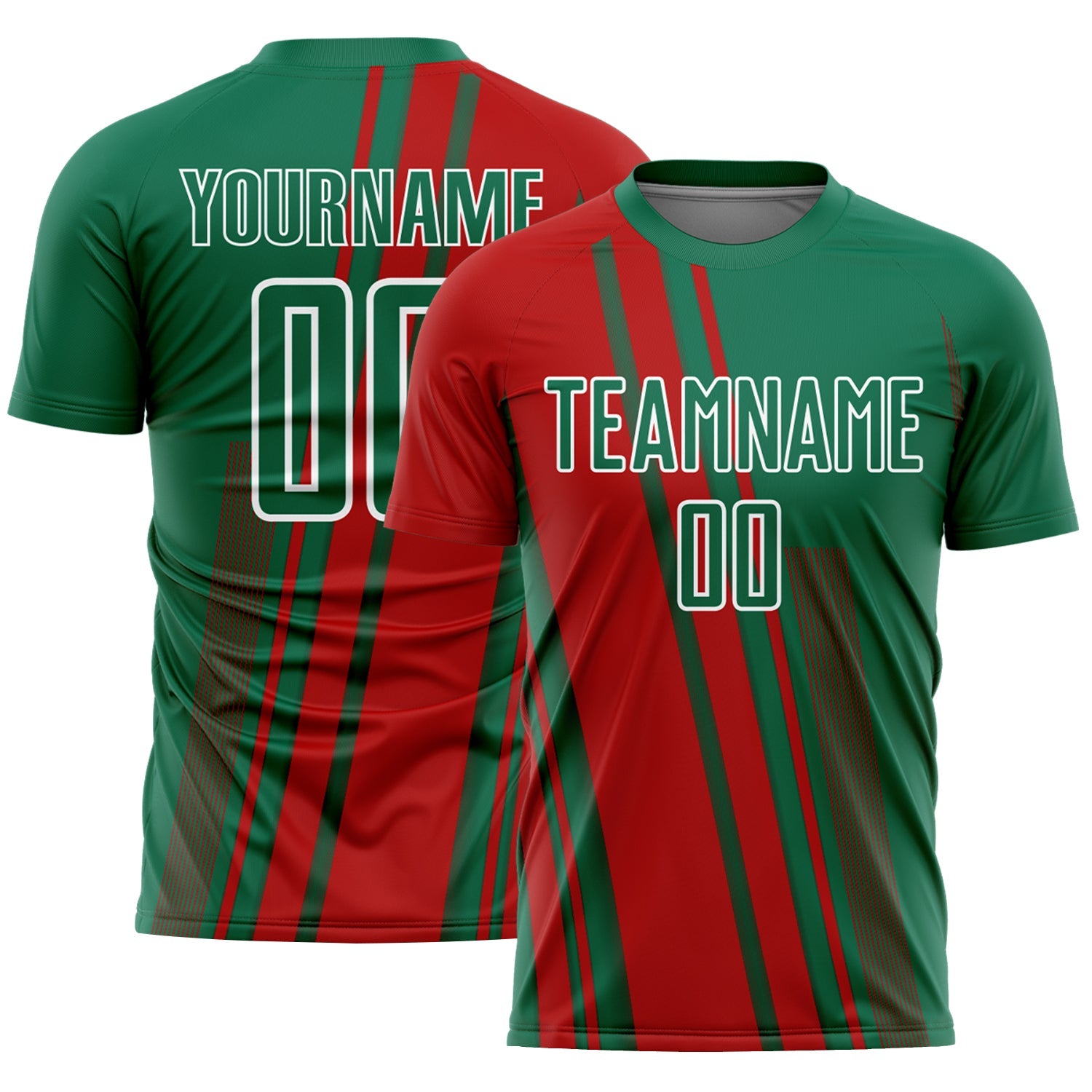 Custom Kelly Green Red-White Lines Sports Sublimation Soccer Uniform Jersey - Main View
