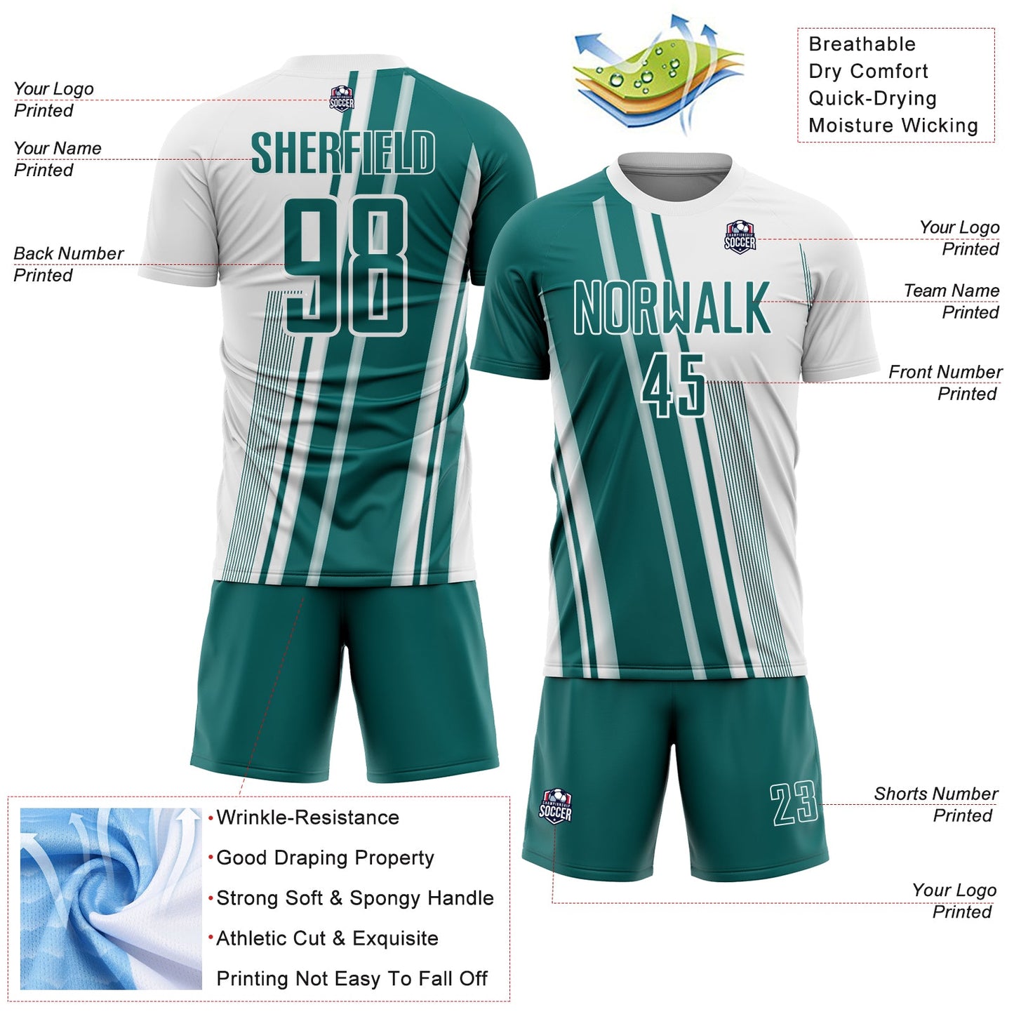 Custom White Teal Lines Sports Sublimation Soccer Uniform Jersey view 4