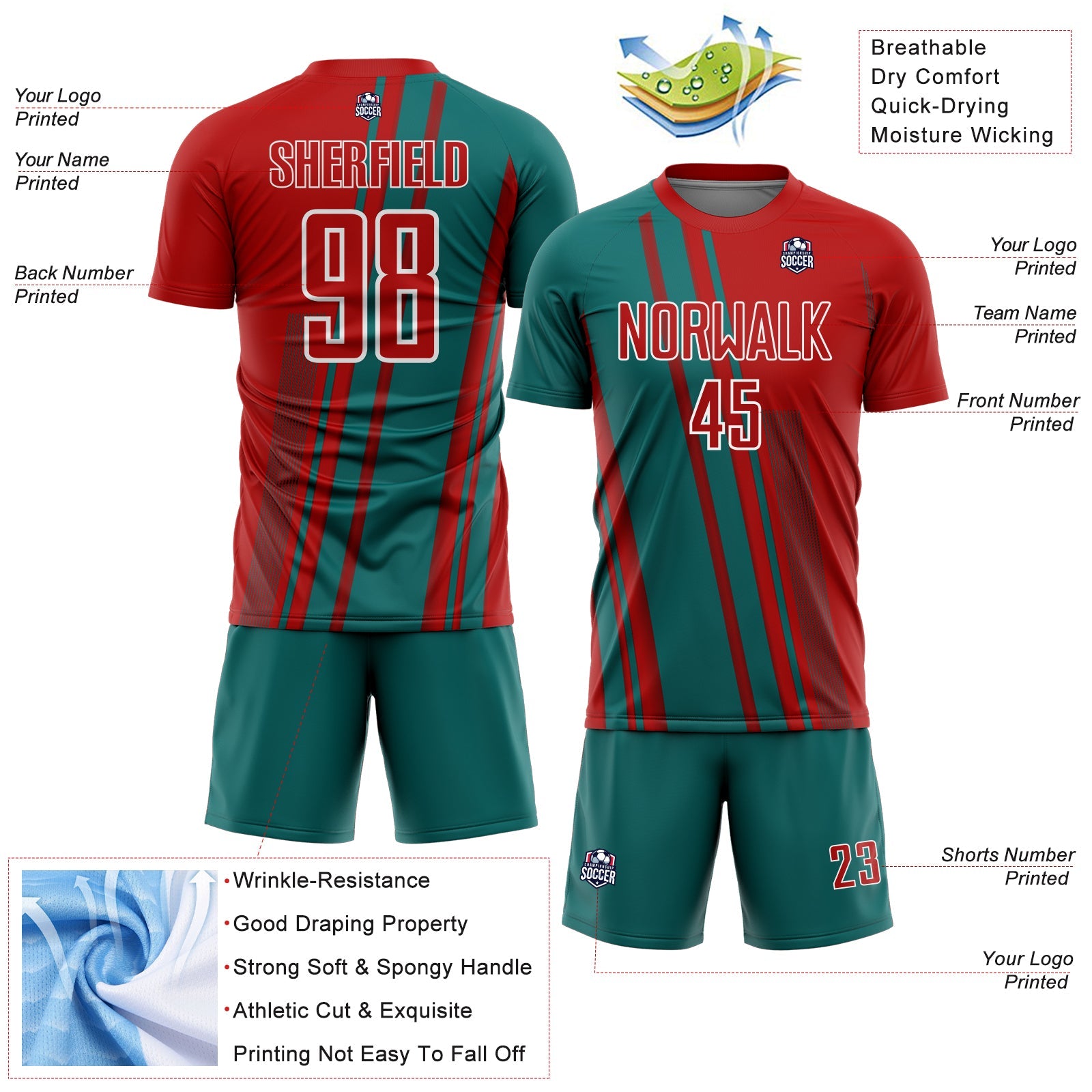 Custom Red Teal-White Lines Sports Sublimation Soccer Uniform Jersey view 4