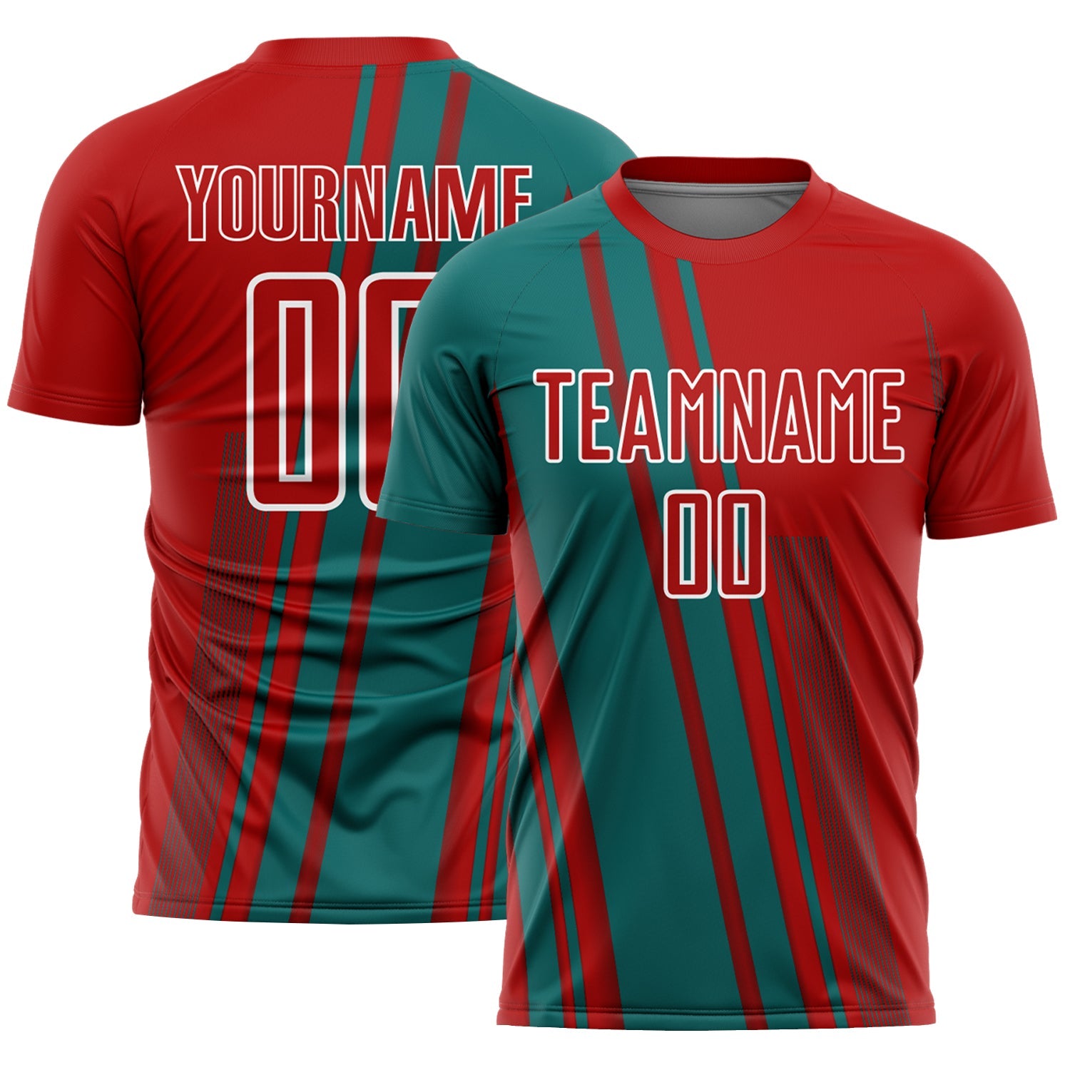 Custom Red Teal-White Lines Sports Sublimation Soccer Uniform Jersey - Main View