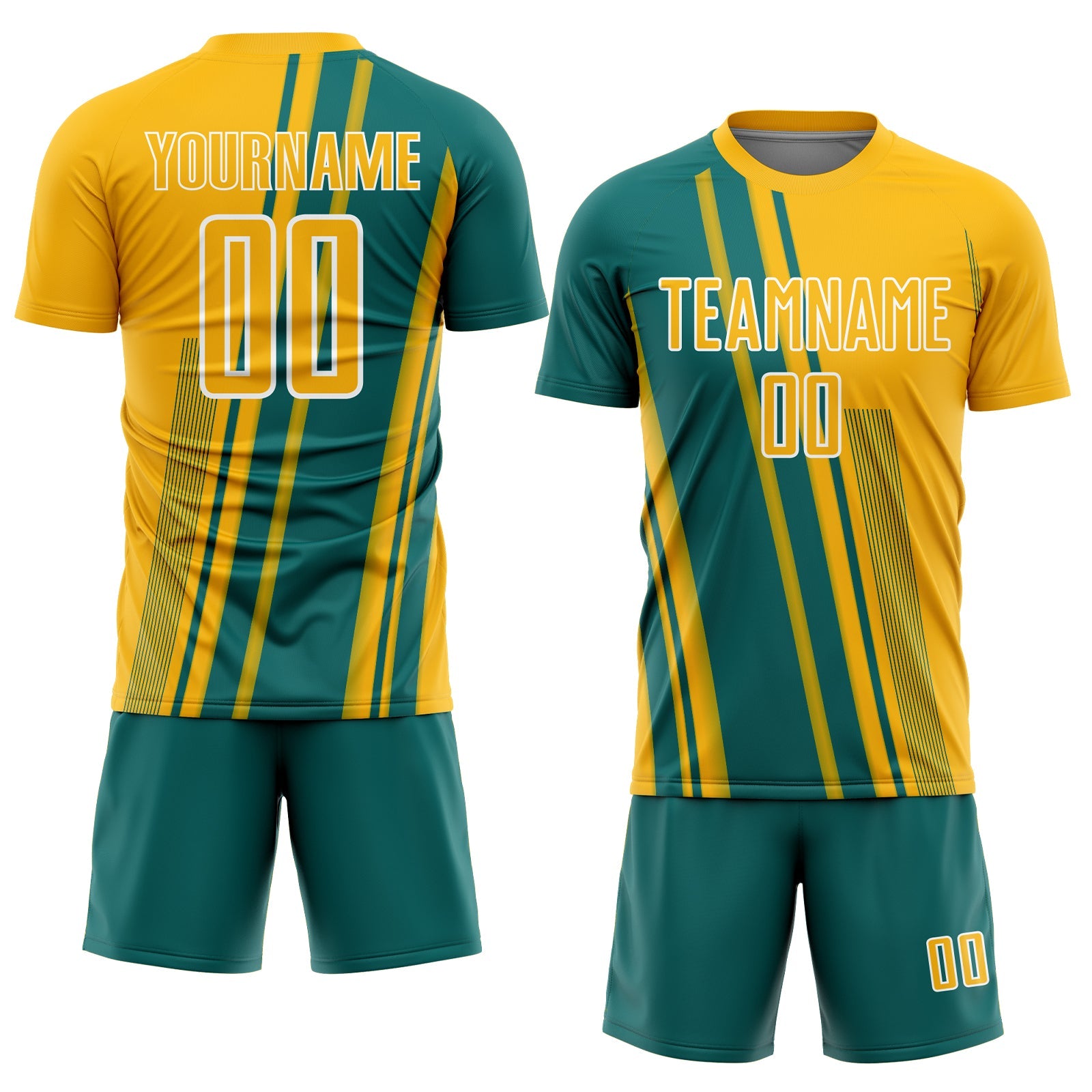 Custom Gold Teal-White Lines Sports Sublimation Soccer Uniform Jersey view 2