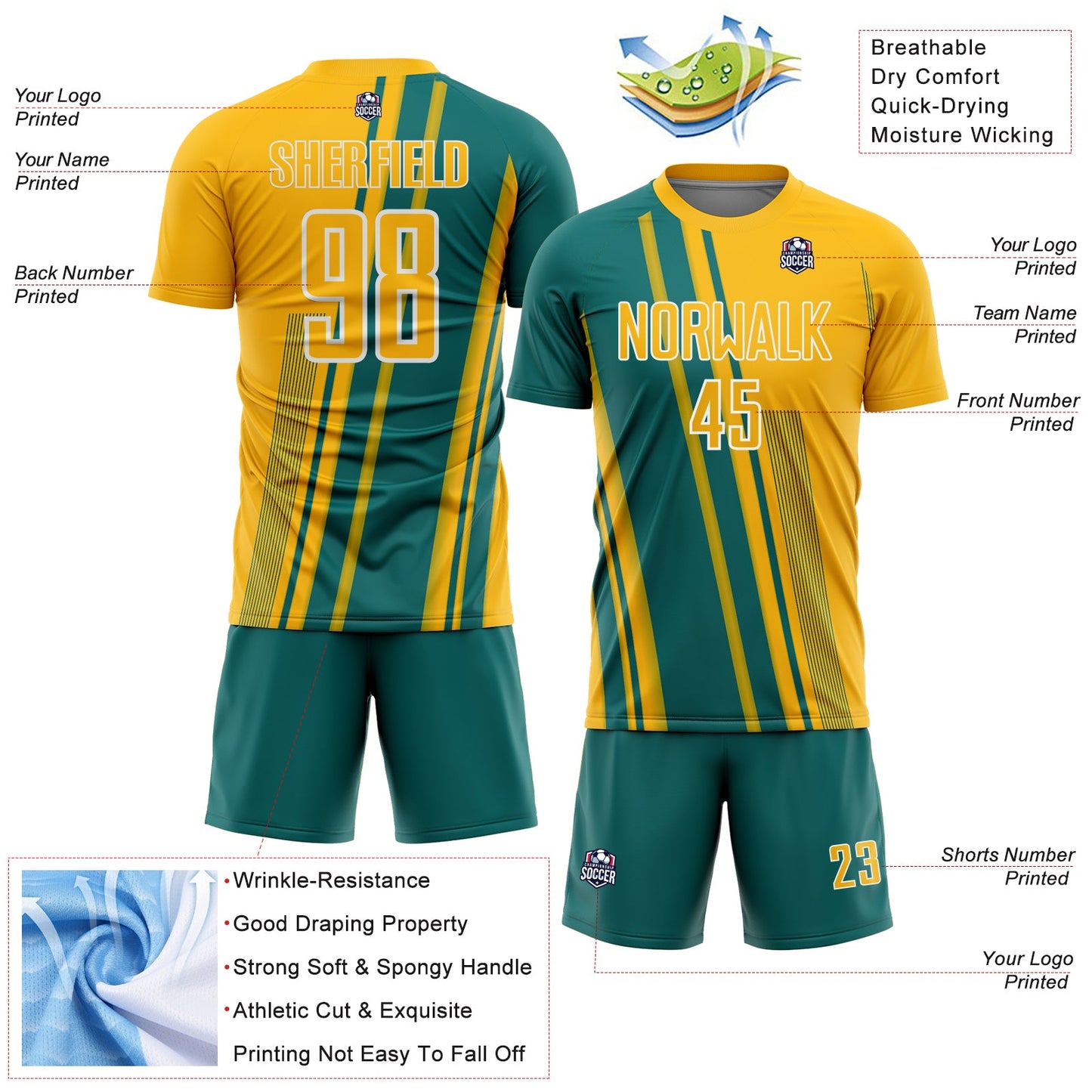 Custom Gold Teal-White Lines Sports Sublimation Soccer Uniform Jersey view 4