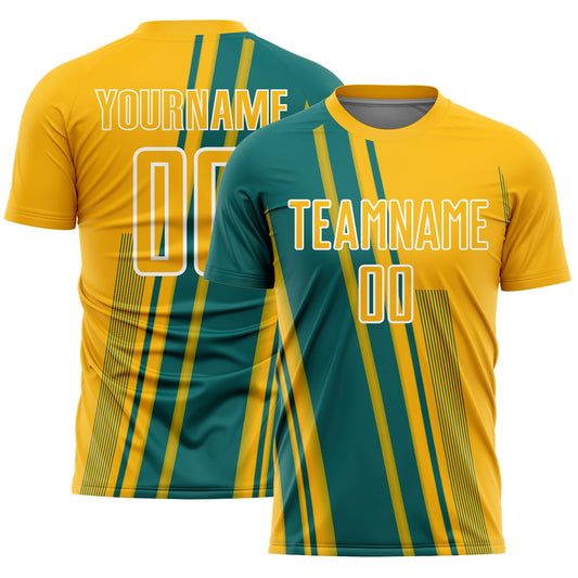 Custom Gold Teal-White Lines Sports Sublimation Soccer Uniform Jersey - Main View