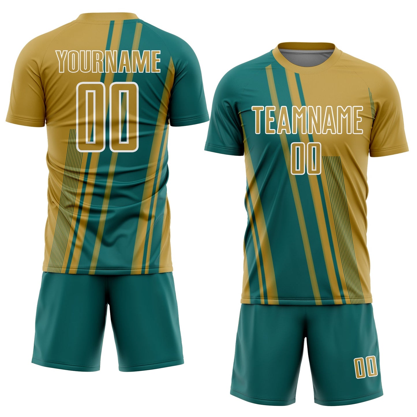 Custom Old Gold Teal-White Lines Sports Sublimation Soccer Uniform Jersey view 2