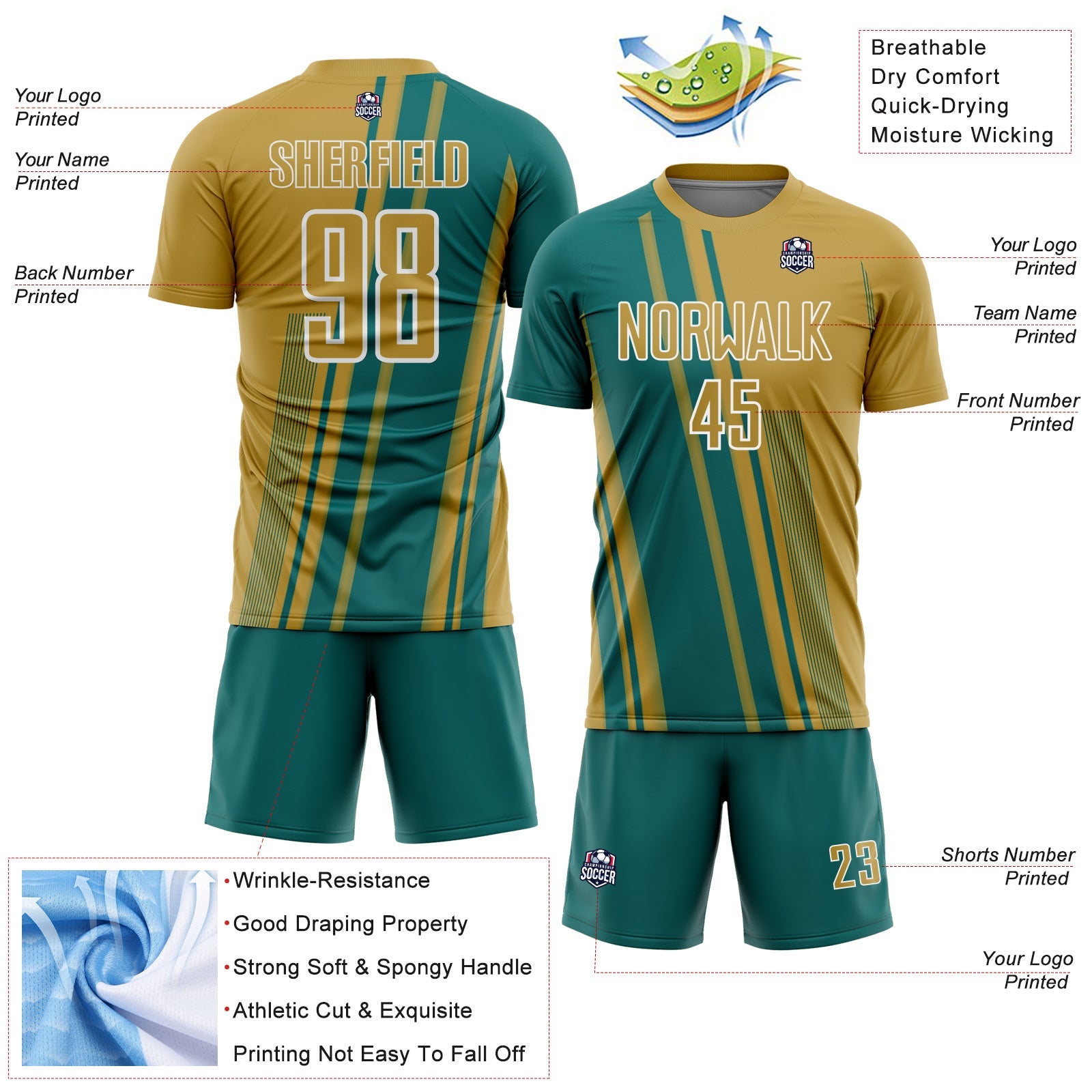 Custom Old Gold Teal-White Lines Sports Sublimation Soccer Uniform Jersey view 4