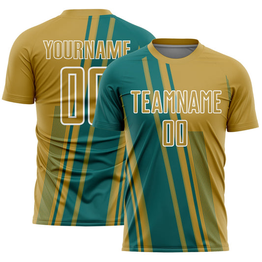 Custom Old Gold Teal-White Lines Sports Sublimation Soccer Uniform Jersey - Main View