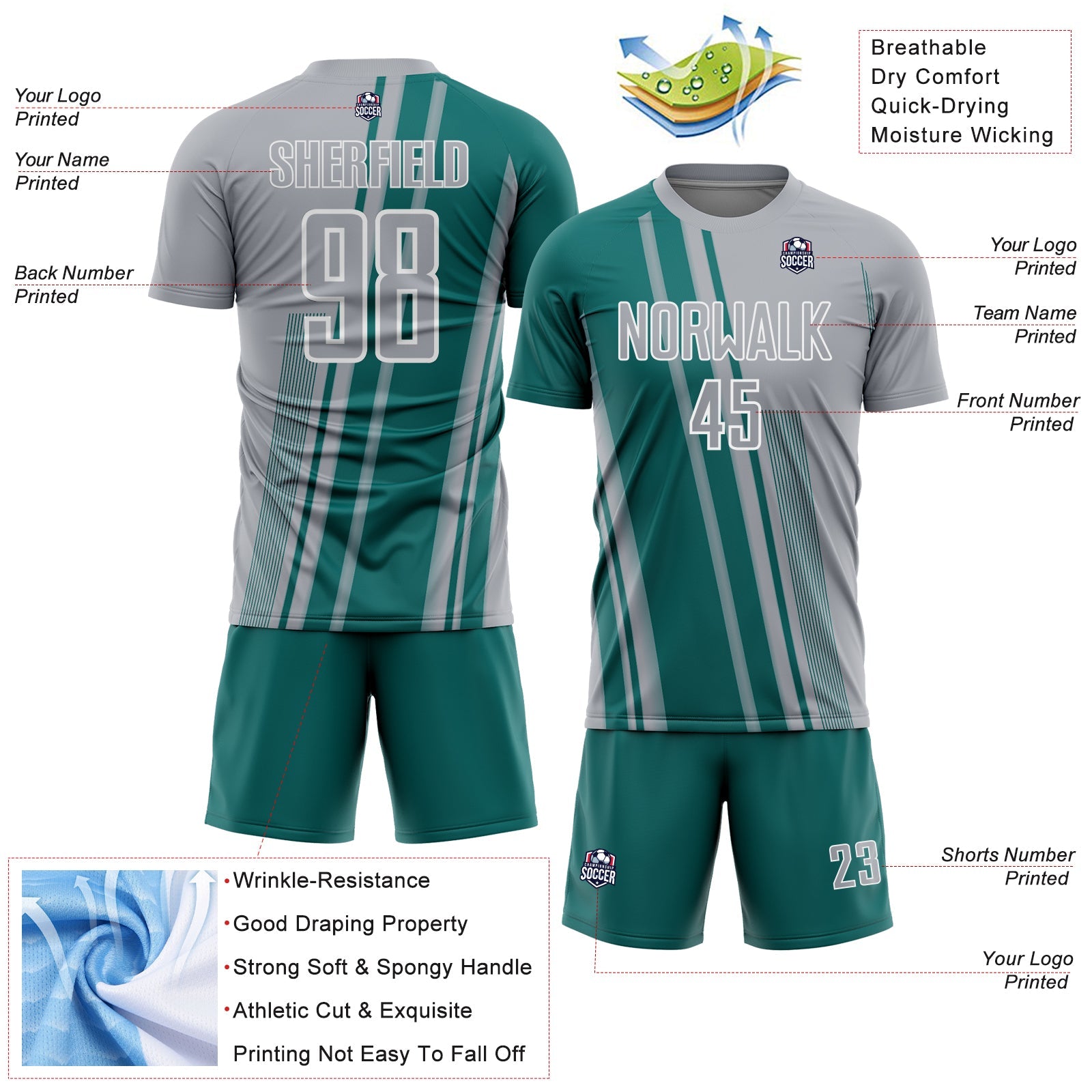 Custom Gray Teal-White Lines Sports Sublimation Soccer Uniform Jersey view 4